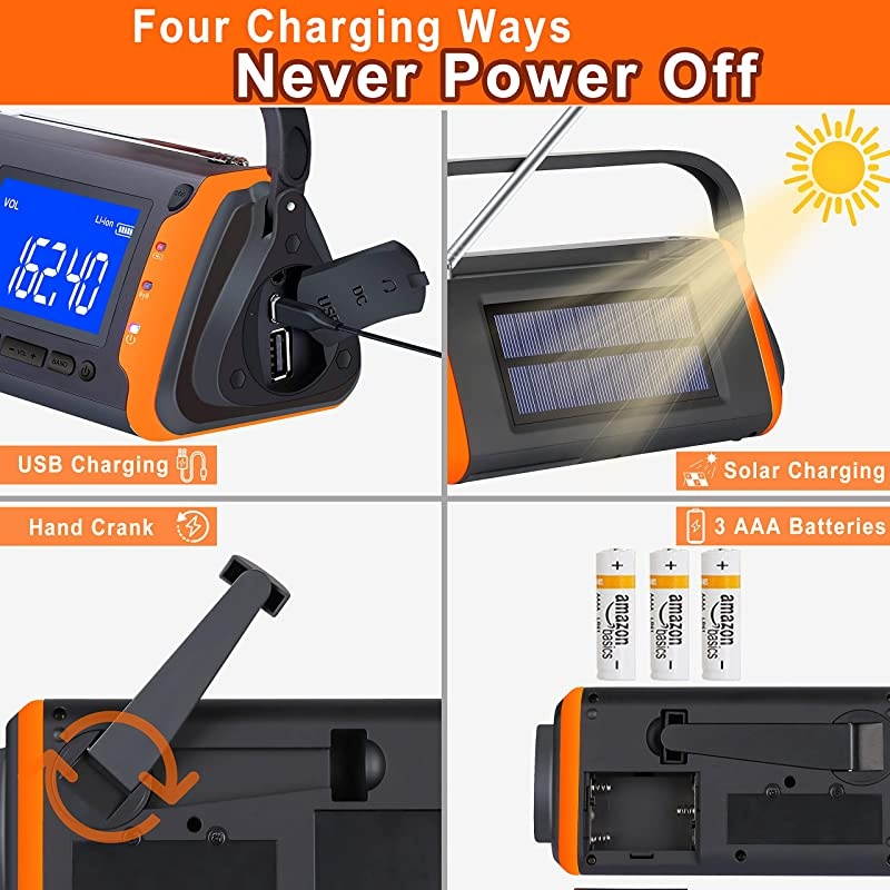 Weather Crank Radio 4000mAh Portable Solar Powered Hand Crank AMFMNOAA Weather Alert Radio Aux Music Play USB Cell Phone Charger SOS Alarm LED Flashlight for HurricanesTornadoes