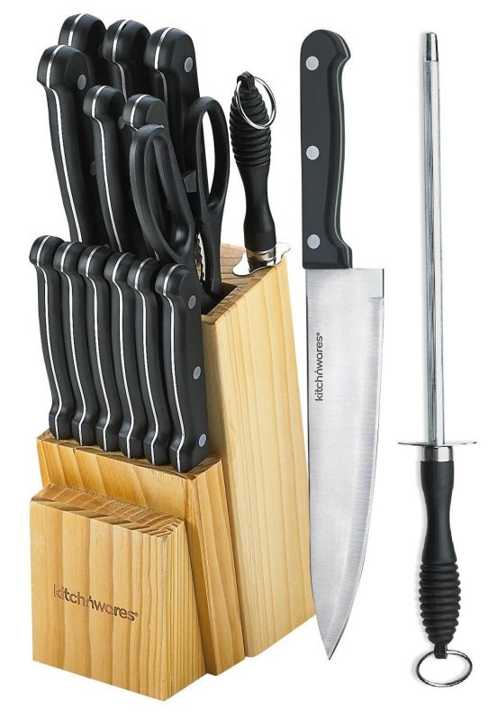Knife Set With Wooden Block - 15 Piece Set Includes Chef Knife, Bread Knife, Carving Knife, Utility Knife, Paring Knife, Steak Knife, Boning Knife, Scissors And Knife Sharpener. - By Kitch N&rsquo; Wares