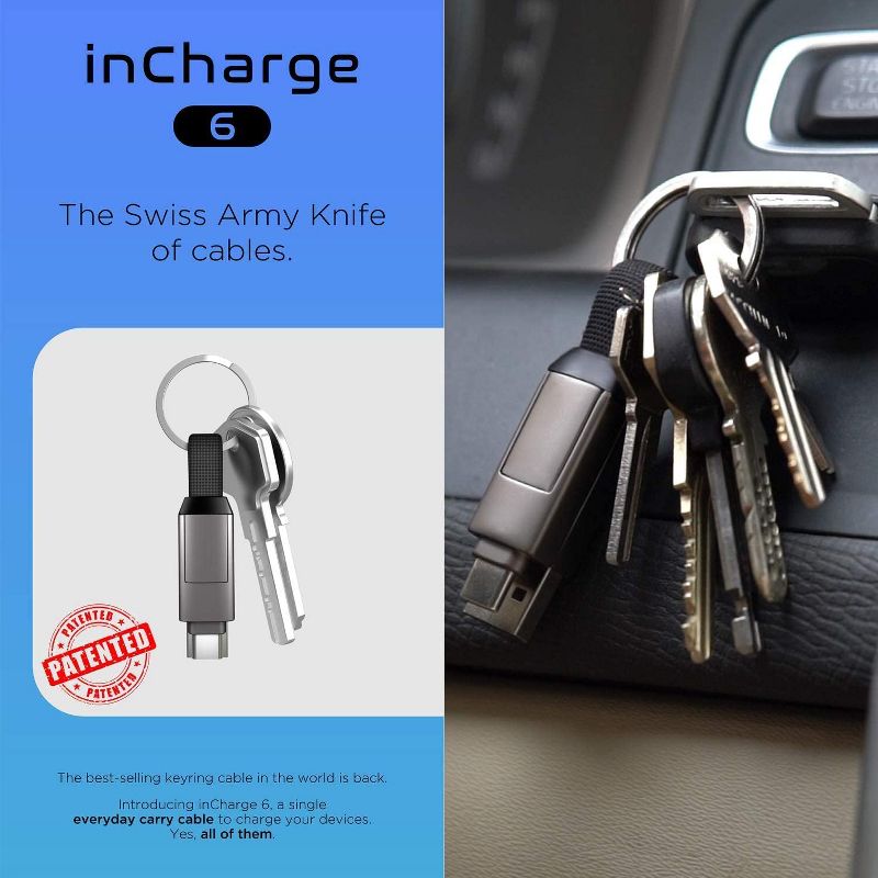 inCharge 6 - The Six-in-One Swiss Army Knife of Cables, Portable Keyring USB/USB-C/Micro USB/Lightning Cable for All of Your Devices (Saturn Gold)