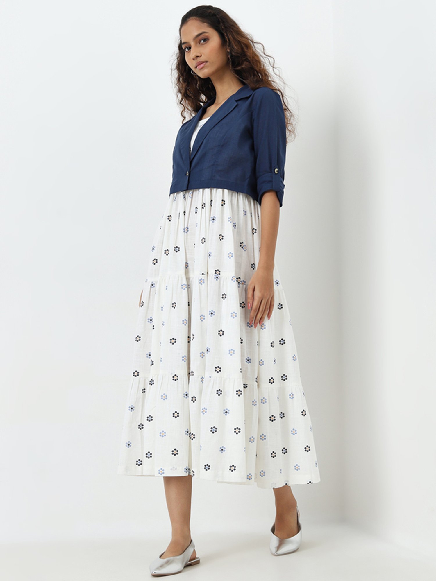 Bombay Paisley by Westside White Tiered Cotton Dress with Jacket