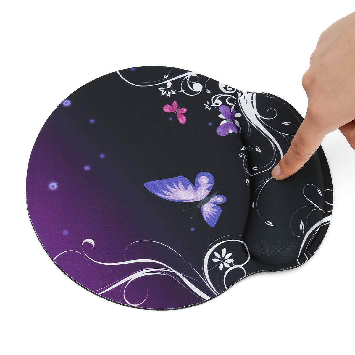 iColor Mouse Pad with Wrist Rest Nonslip Ergonomic Memory Foam Pain Relief Mousepad Desk Mat (9"x10") for Office Gaming Computer Laptop at Home/Work (Purple Butterfly&Flower)