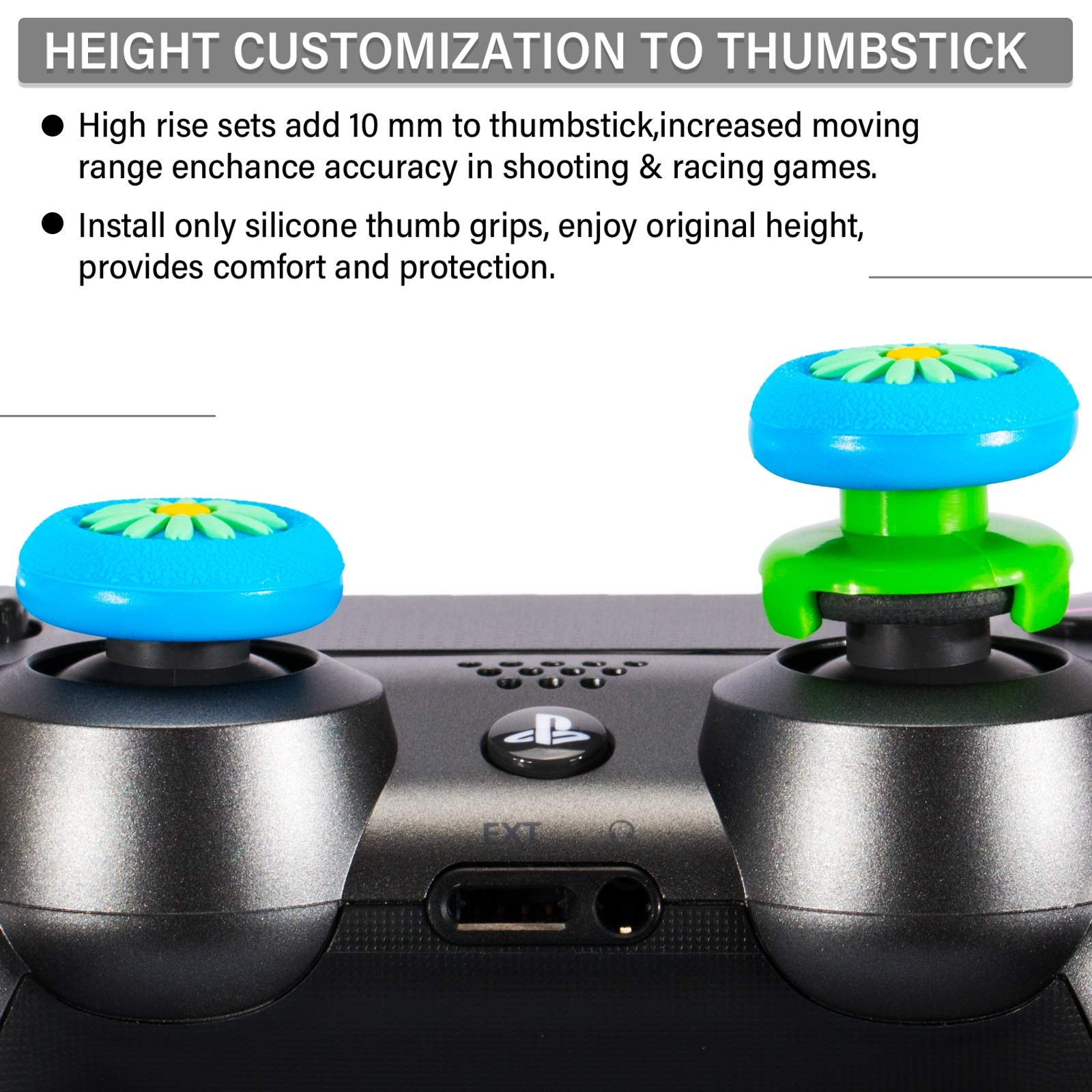 FPS Thumbstick Extender & 3D Texture Rubber Silicone Grip Cover 2 Sets for PS5 Dualsenese & PS4 Controller(Daisy Blue)