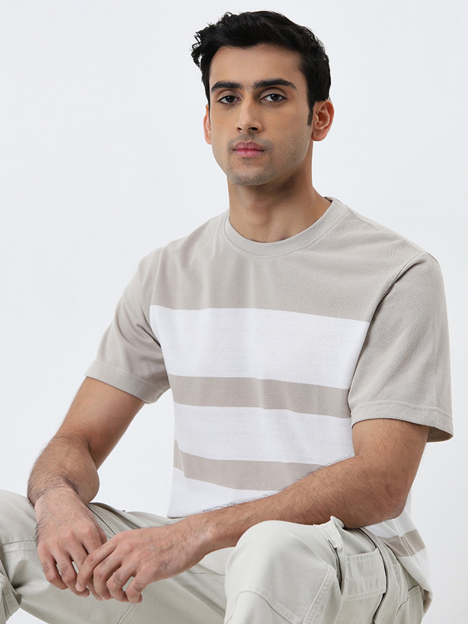 WES Lounge by Westside Beige Striped Slim-Fit T-Shirt