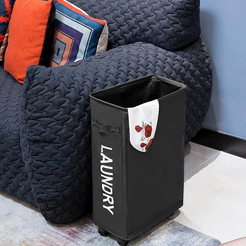 Laundry Hamper With Wheels Slim Laundry Basket Foldable Dirty Clothes Basket Portable Rolling Laundry Organizer for Corner Narrow (22 inches, Black)