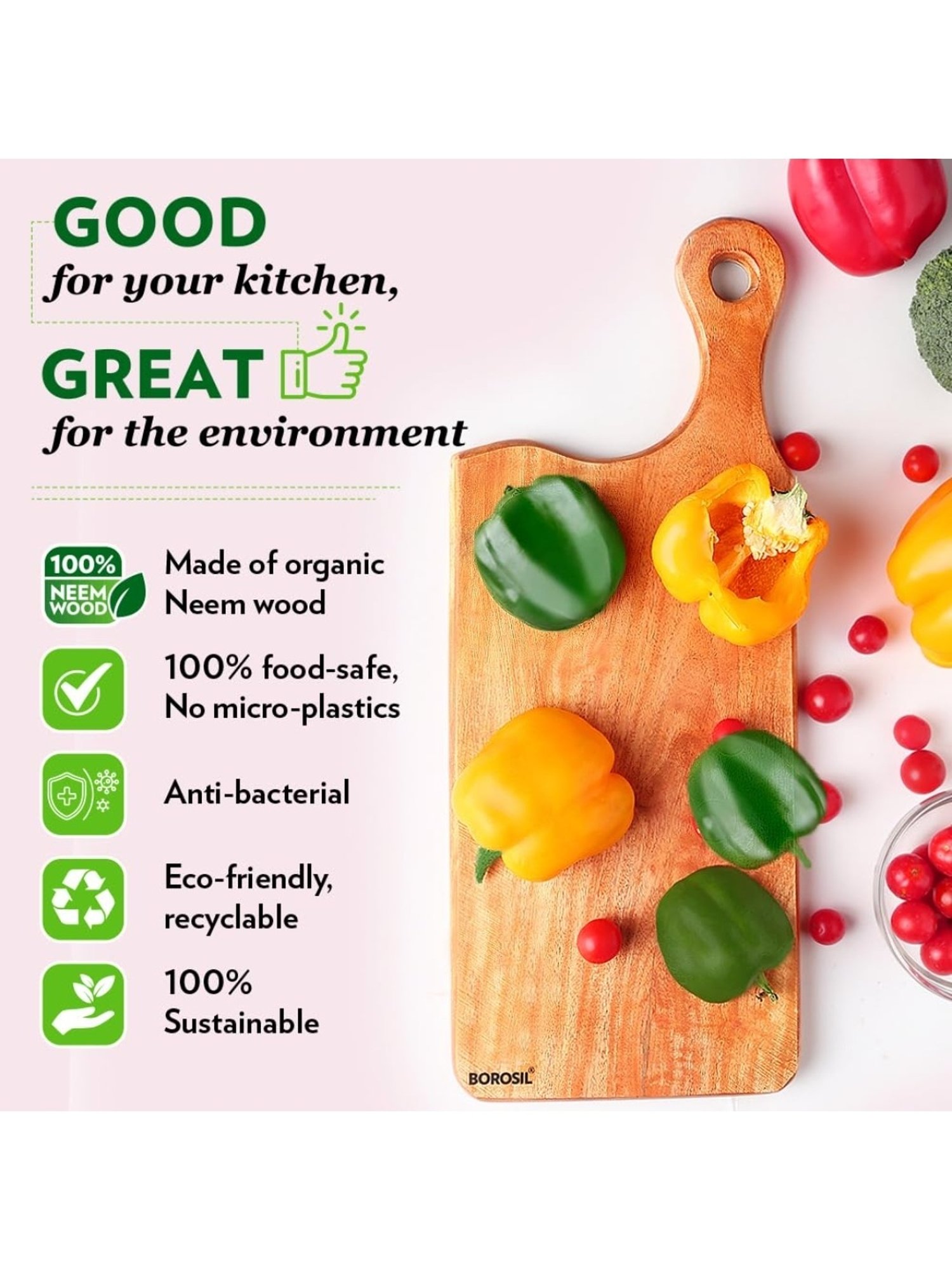 ?Borosil ?Brown Neem Wood Premium Chopping Board (17 mm)