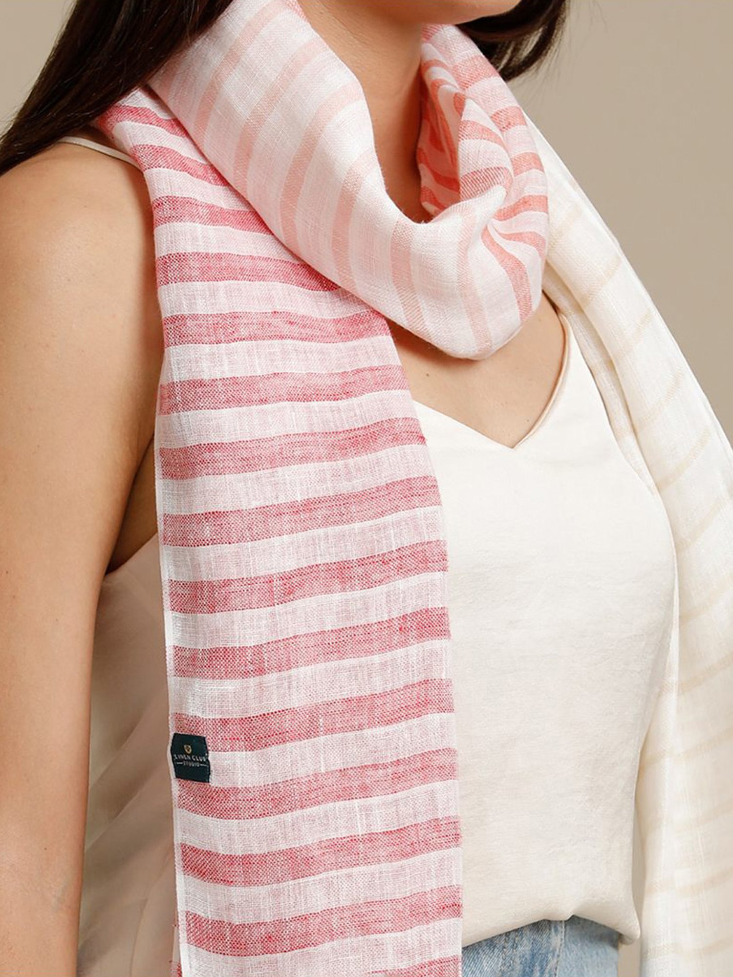 Linen Club Red Striped Pure Linen Stole
