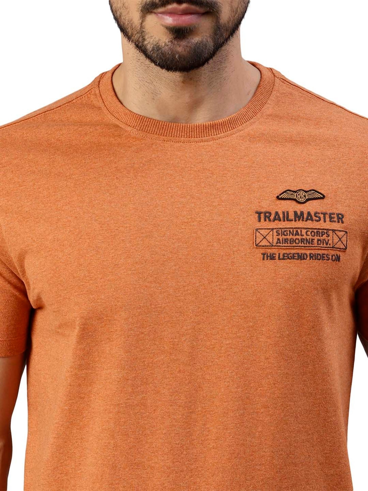 Royal Enfield Trail Master Orange Melange Regular Fit Printed Crew T-Shirt