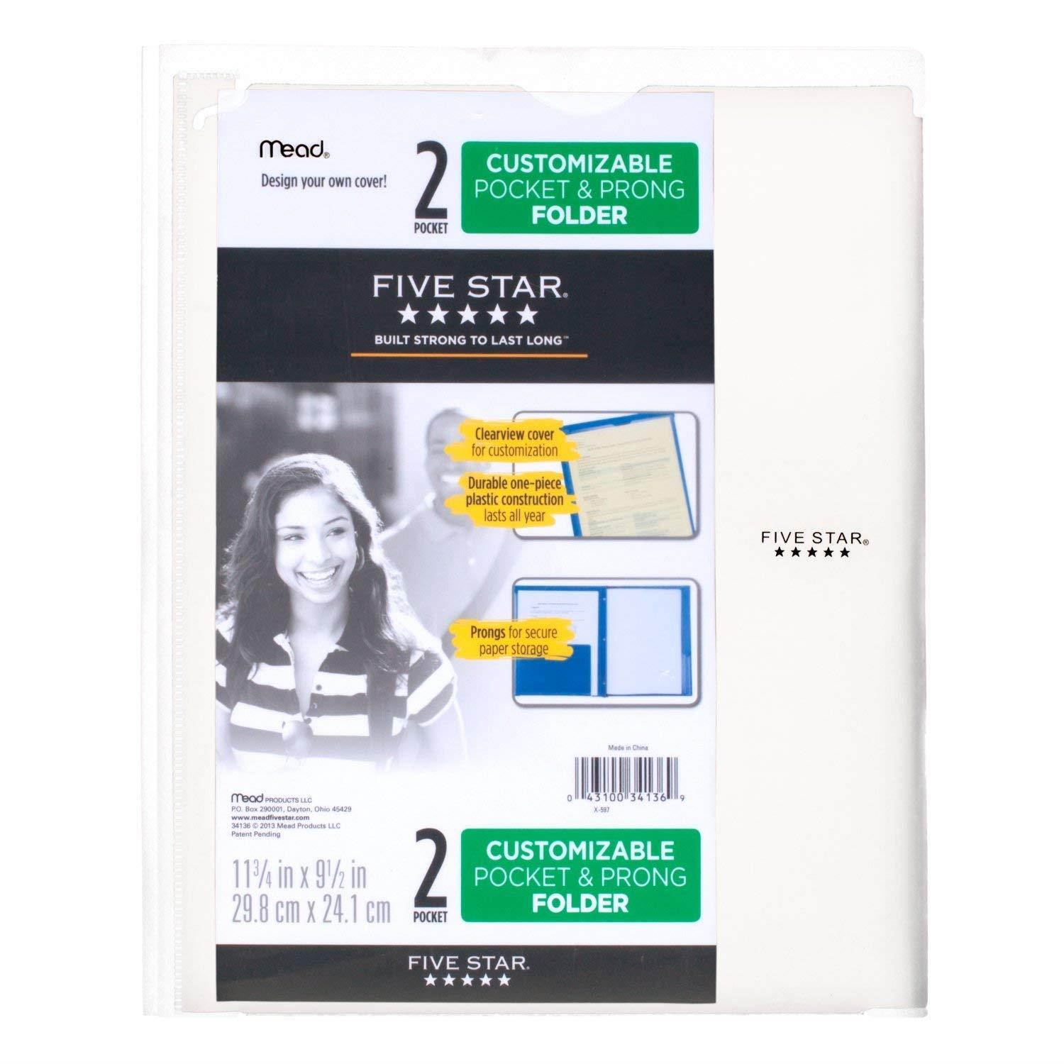 Five Star 2 Pocket Folders with Prong Fasteners, Folders with Pockets, Customizable Cover, Plastic, 4 Pack (38130)