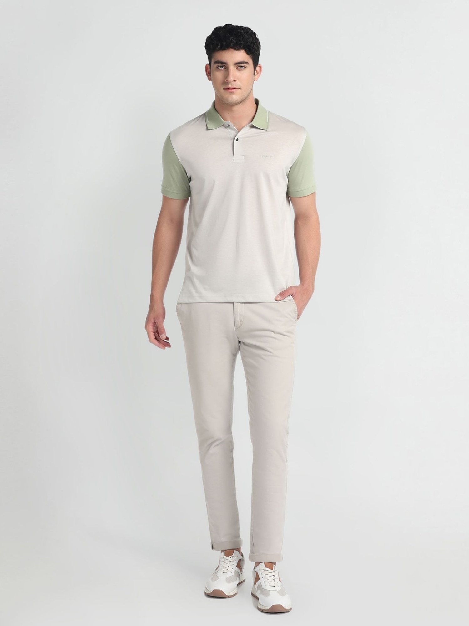 Arrow Newyork Grey Cotton Regular Fit Colour Block Polo T-Shirt