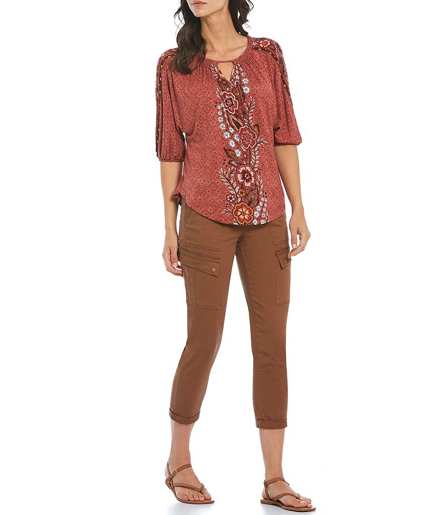 Democracy Floral Border Geo Print Cut Out Keyhole Neck Elbow Sleeve Knit Top