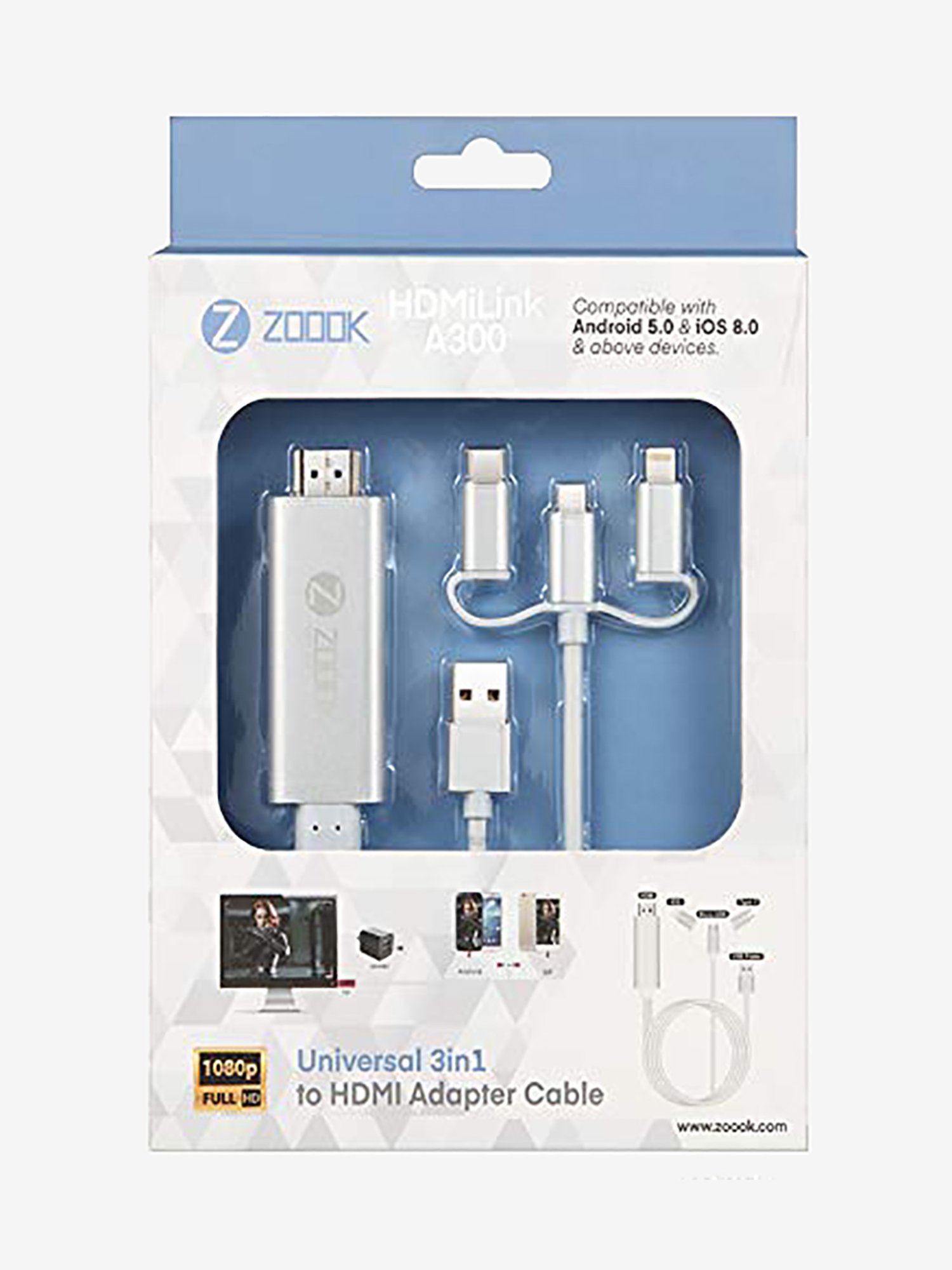 Zoook HDMILINK A300 3 in 1 HDMI Adapter Cable (Silver)