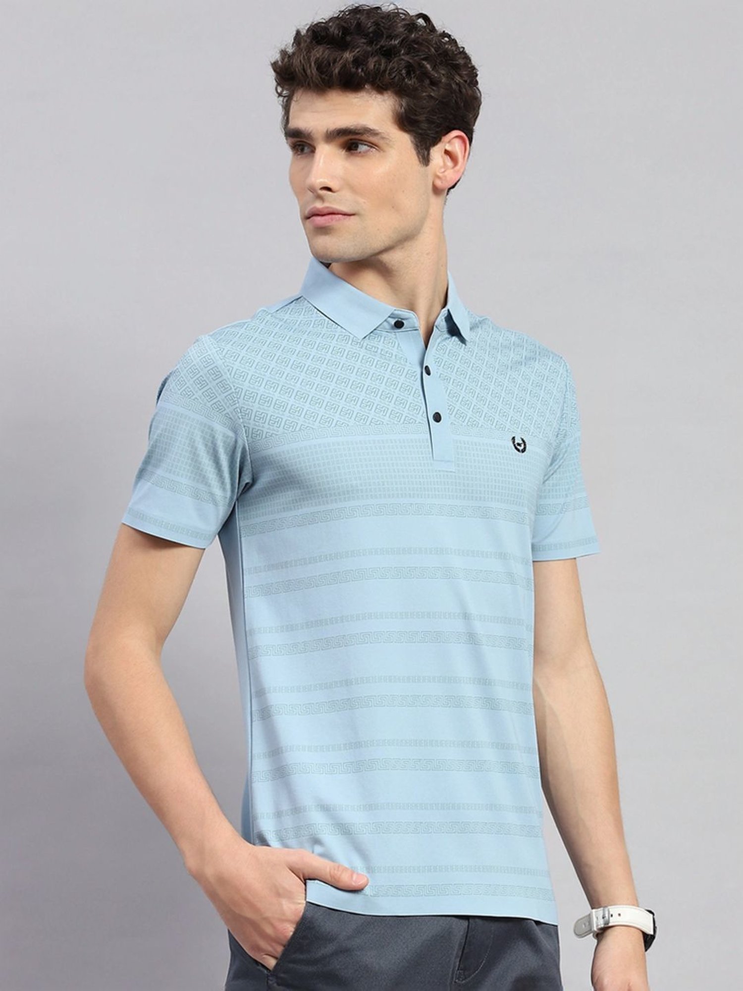 Monte Carlo Sky Blue Regular Fit Printed Polo T-Shirt