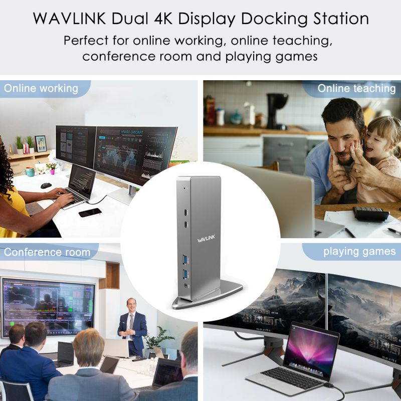 Wavlink USB 3.0 & USB C Ultra HD/5K Universal Laptop Docking Station, Dual 4K Video Display with 2 X HDMI, 2 x DisplayPort, Gigabit Ethernet, 6 x USB 3.0, Audio, Mic, For Windows & Mac by Displaylink