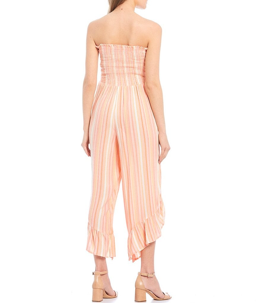 Angie Striped Strapless Smocked Bodice Ruffled Hem Jumpsuit