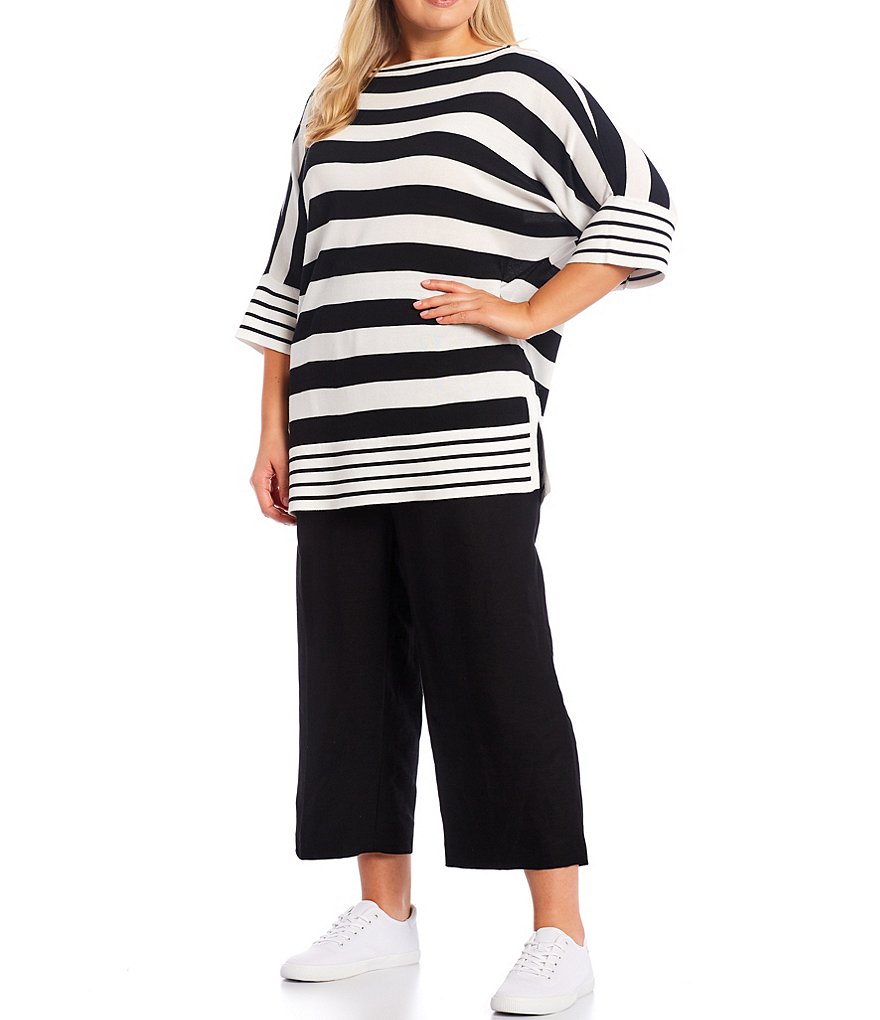 Ruby Rd. Plus Size Ombre Striped 3/4 Sleeve Button Front Long Cardigan