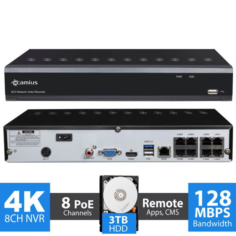 Camius 4K 8 Channel NVR Security System with 3TB Hard Drive, 6 x 5MP Bullet & Dome IP PoE Cameras with Night Vision, Built-in microphone, Sound & motion detection, 24-7 recording - 8P3B3I3T