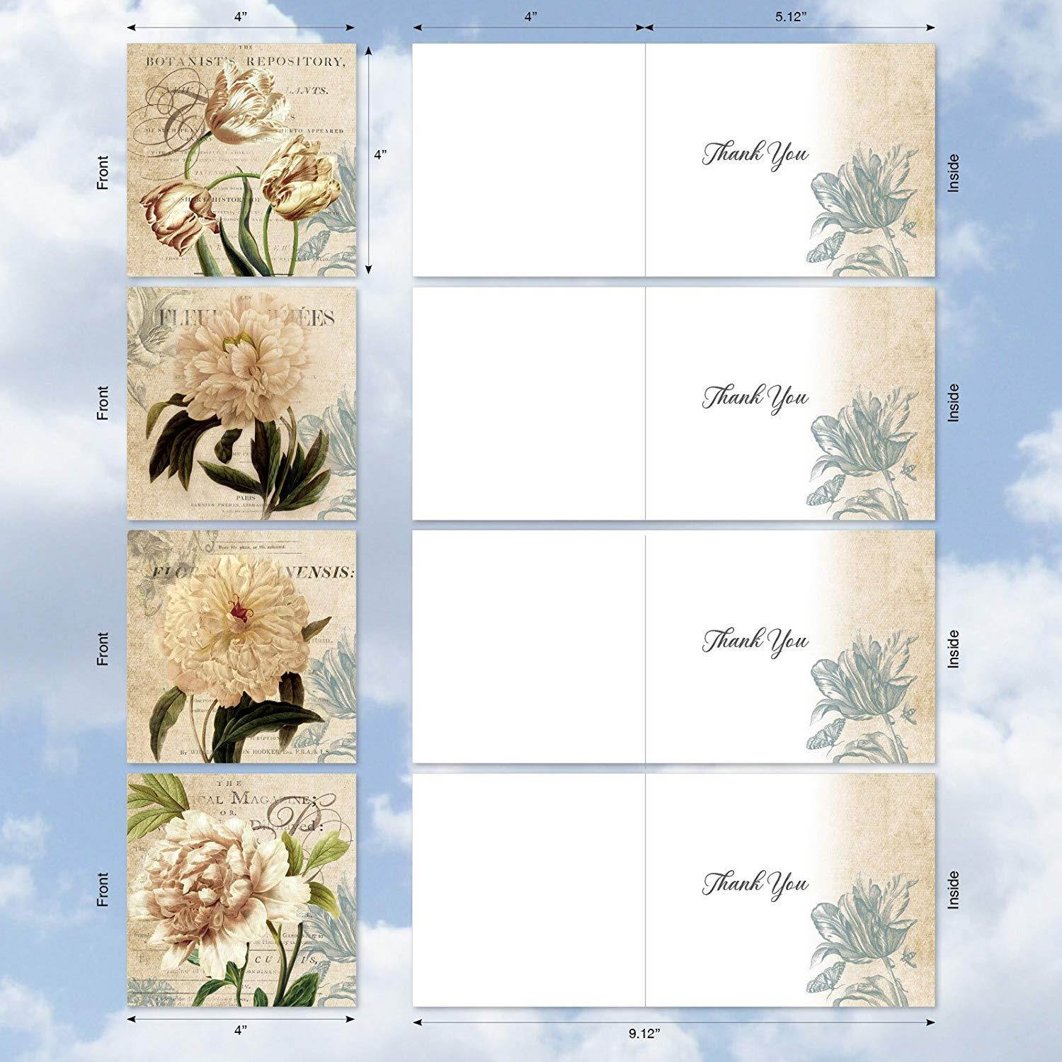 MQ4605TYG-B3x4 Painted Peonies: 12 Assorted 'Square-Top' Thank You Note Cards Featuring Collage Style Floral Images Combined with Printed Background Image with Envelopes.