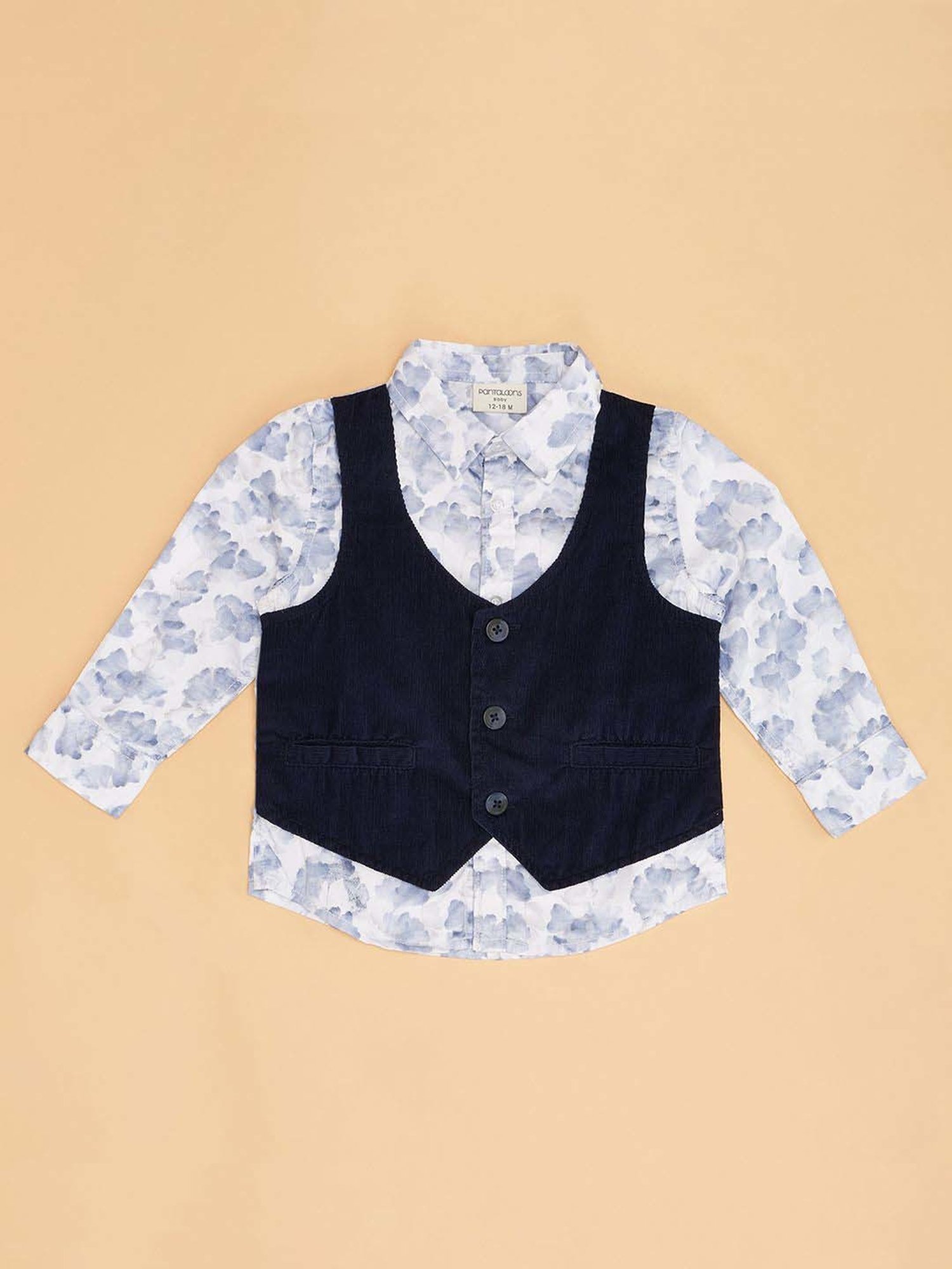 Pantaloons Baby Boys Bright White & Blue Cotton Printed Full Sleeves Shirts