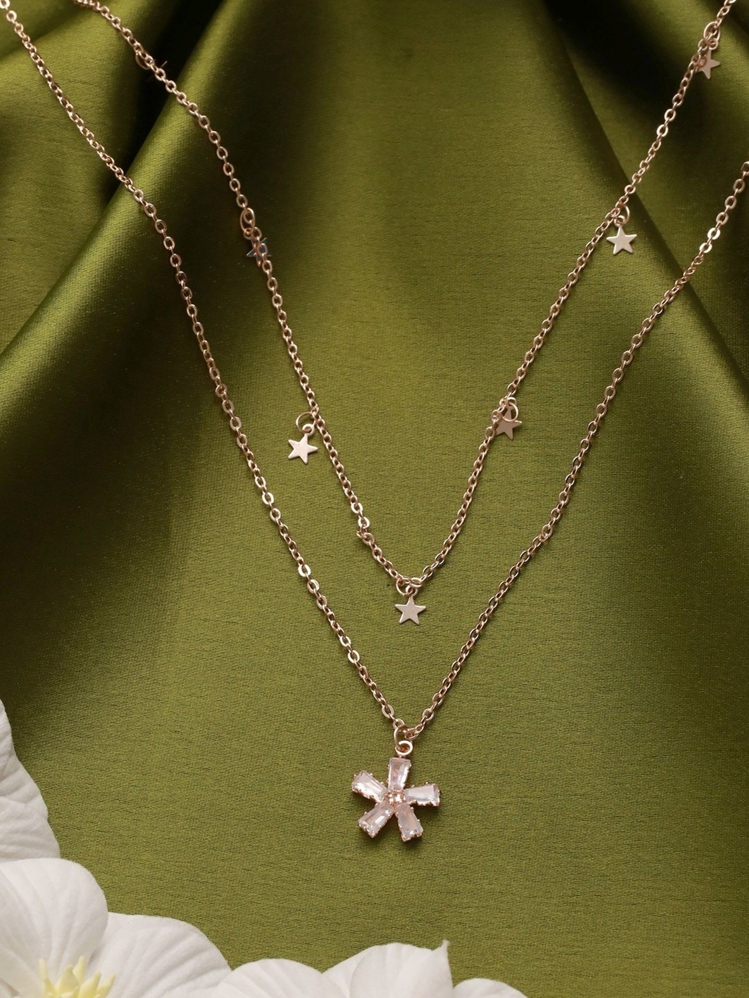 Prita by Priyaasi Studded Flower & Stars Layered Rose Gold-Plated Necklace