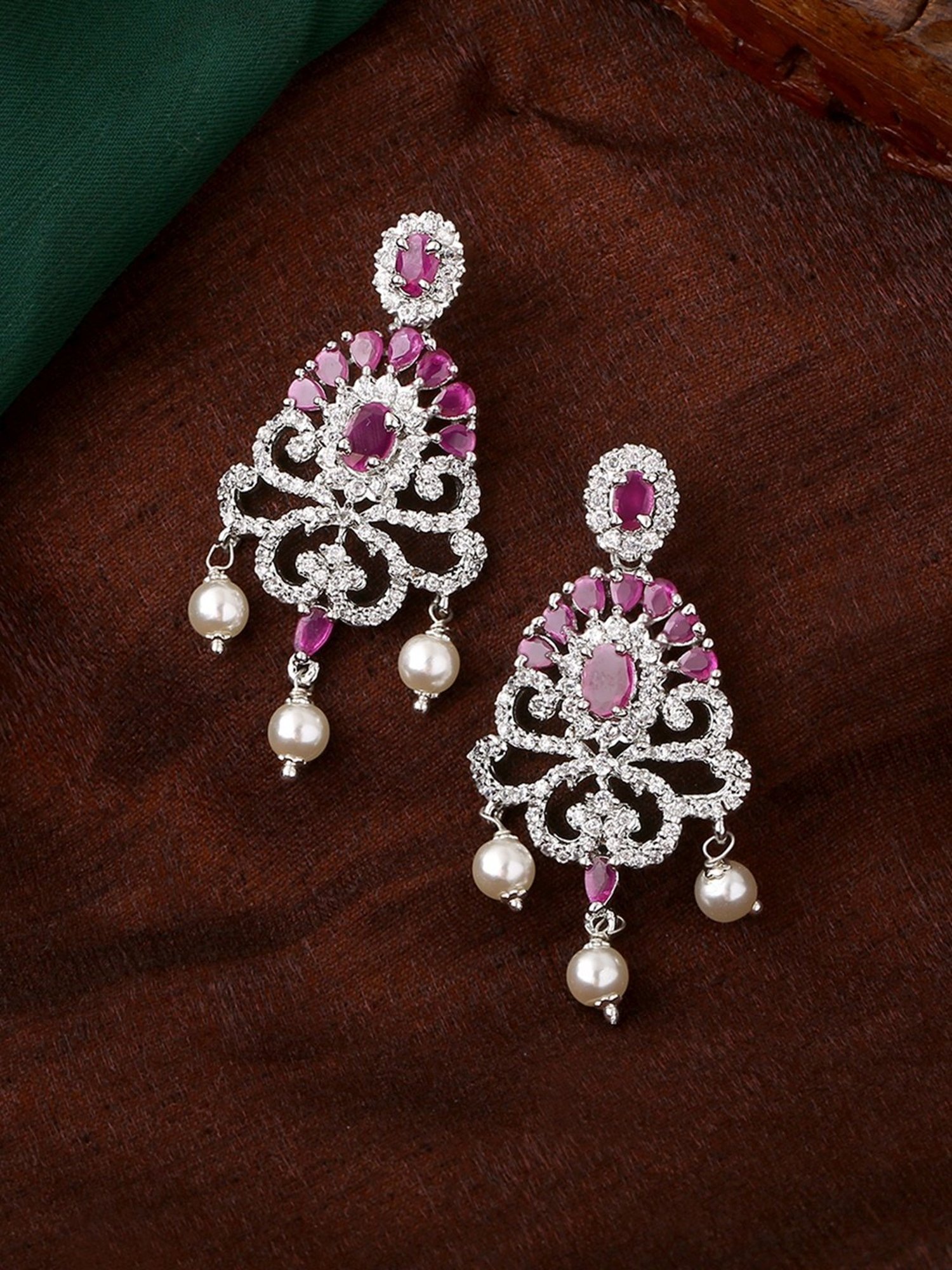 Estele Rhodium-Plated CZ Tiara Pearl & Ruby Crystals Dangler Earrings