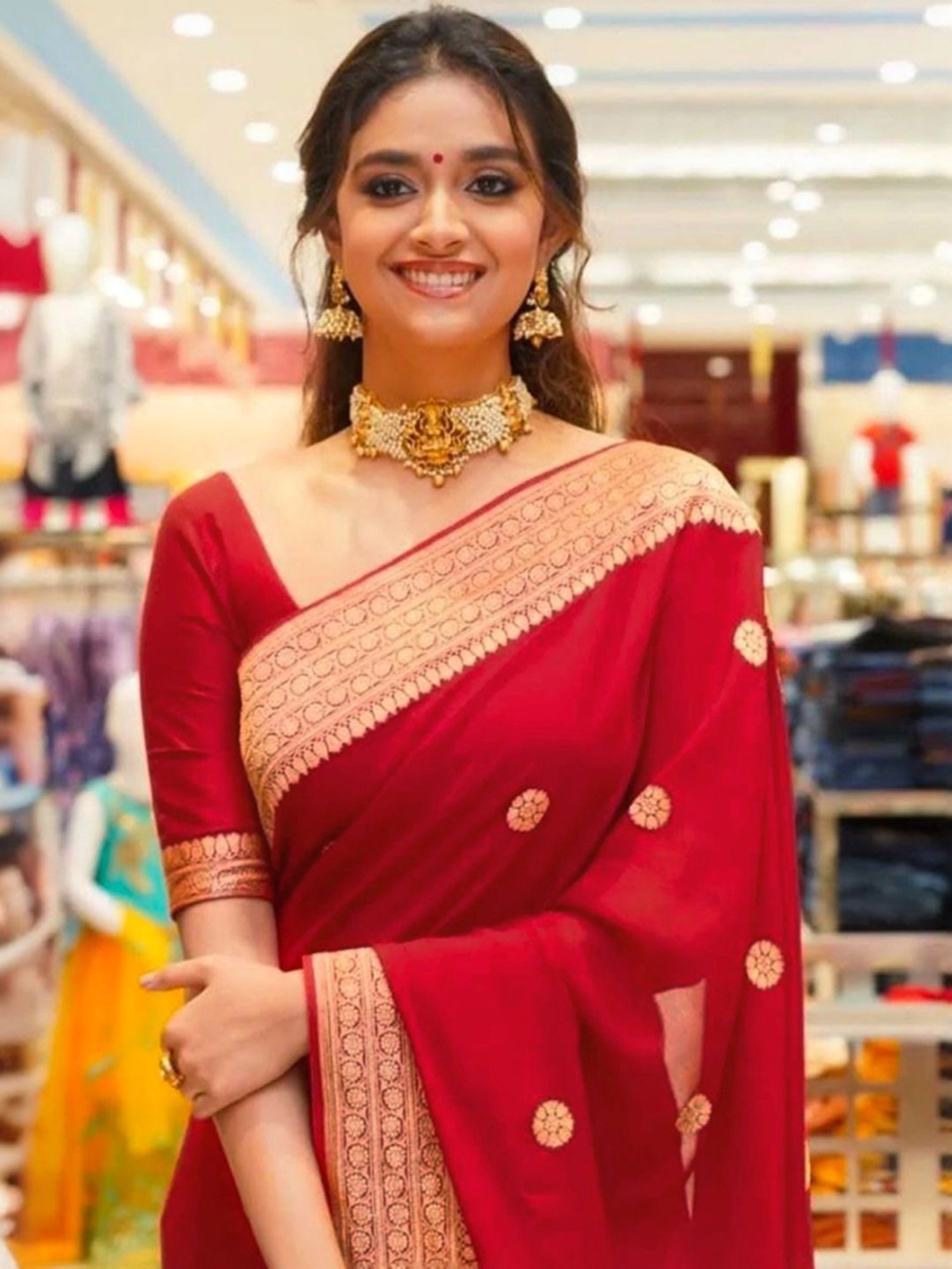 Satrani Red & Golden Silk Woven Saree With Unstitched Blouse