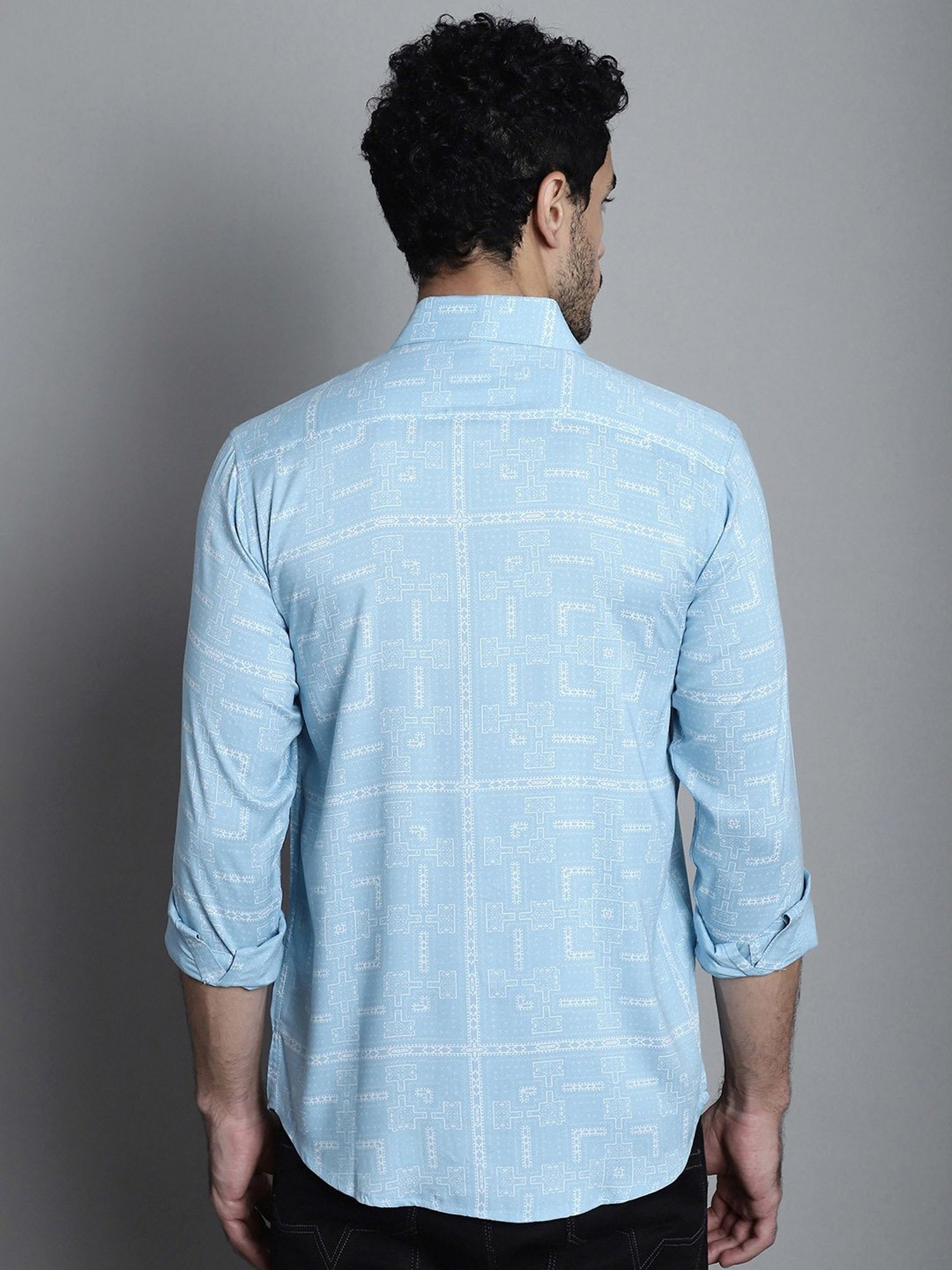 Jainish Sky Blue Regular Fit Geometric Print Shirt