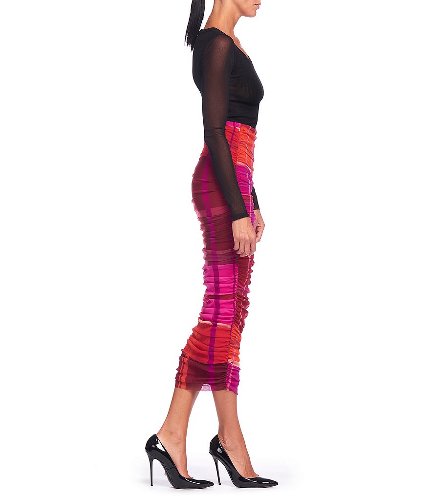 FUZZI Tulle Mesh Plaid Convertible Ruched Midi Pencil Skirt