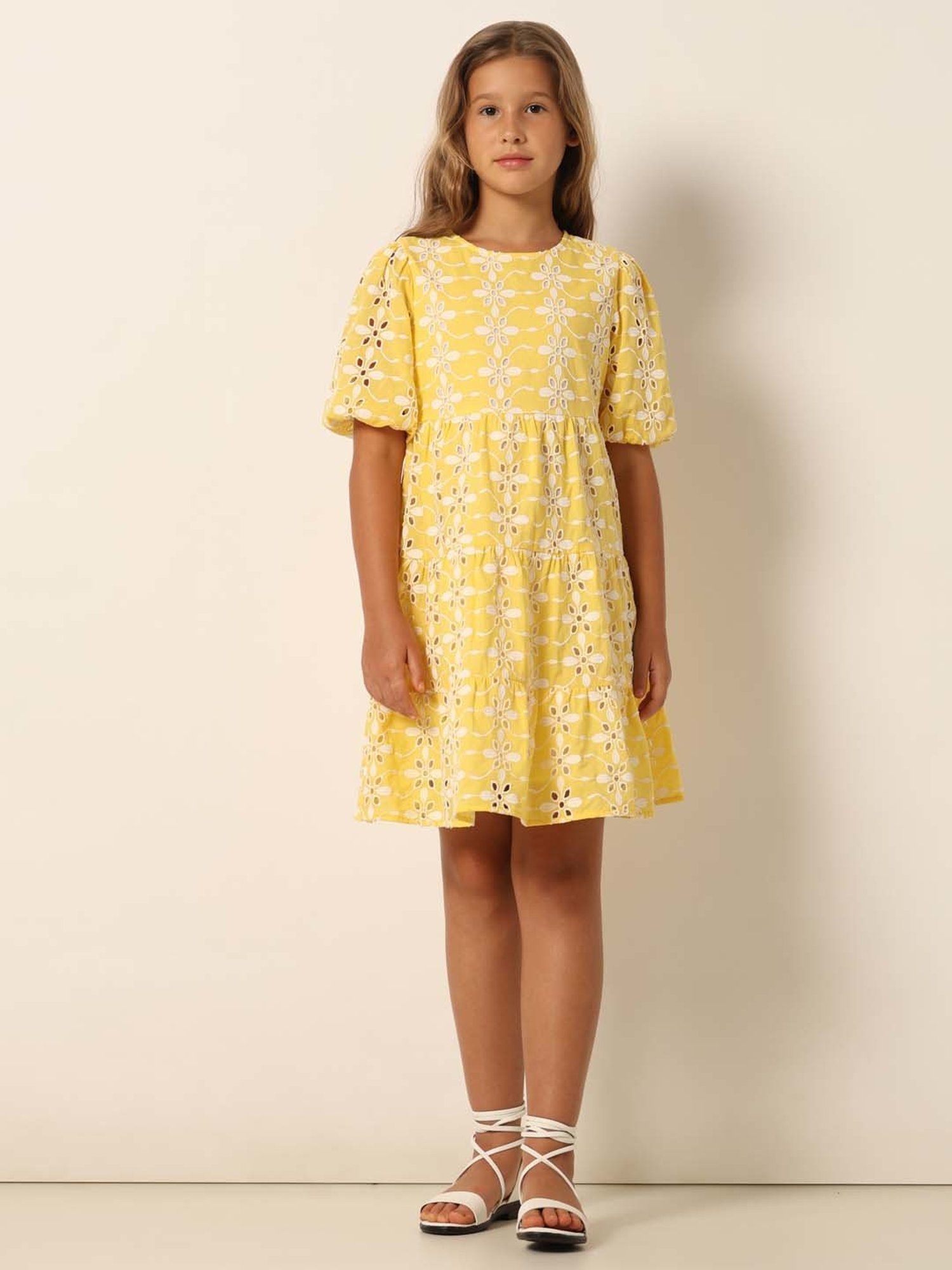 VERO MODA GIRL Yellow & White Cotton Embroidered Dress