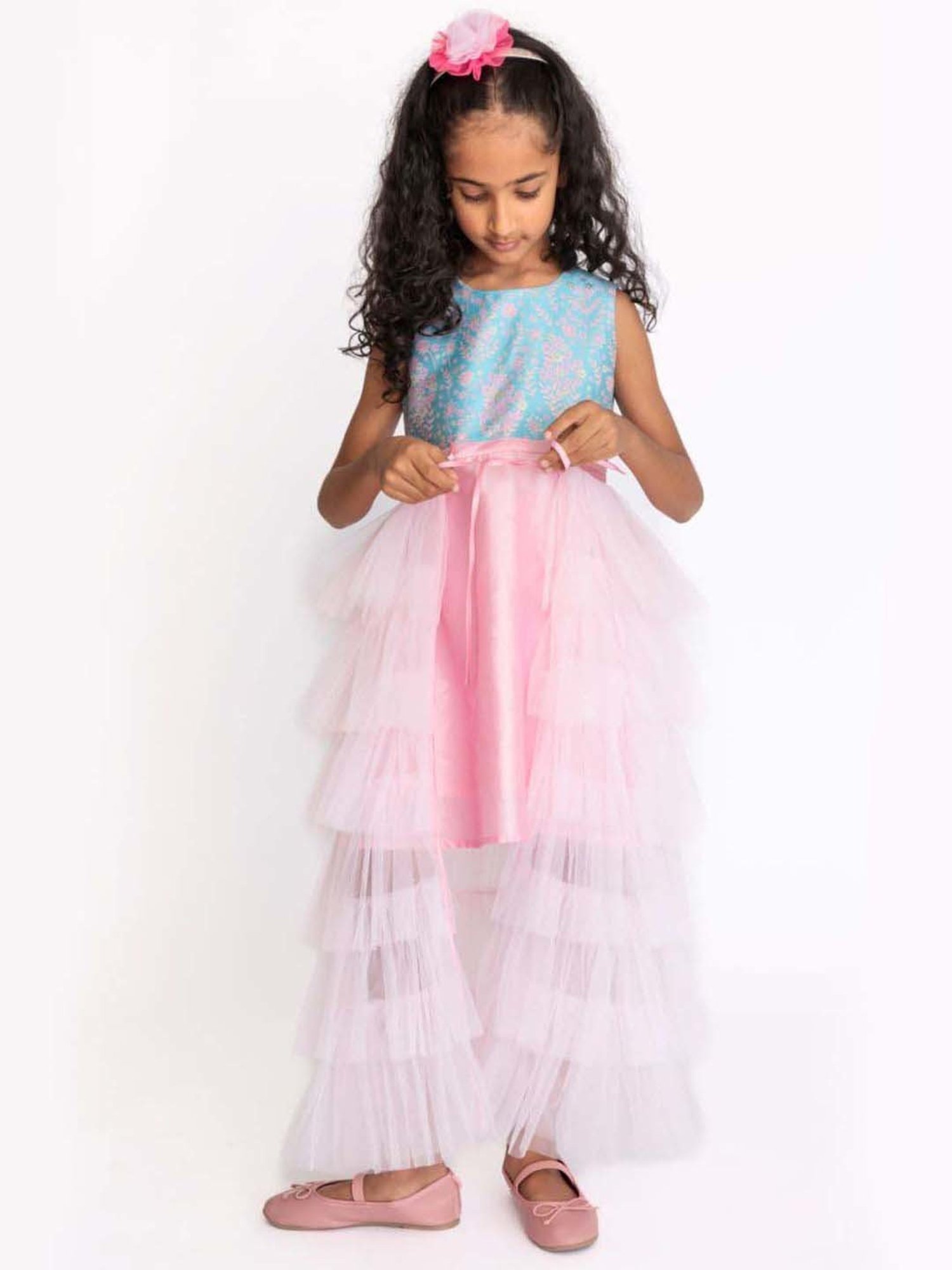 A Little Fable Blue & Pink Floral Print Gown