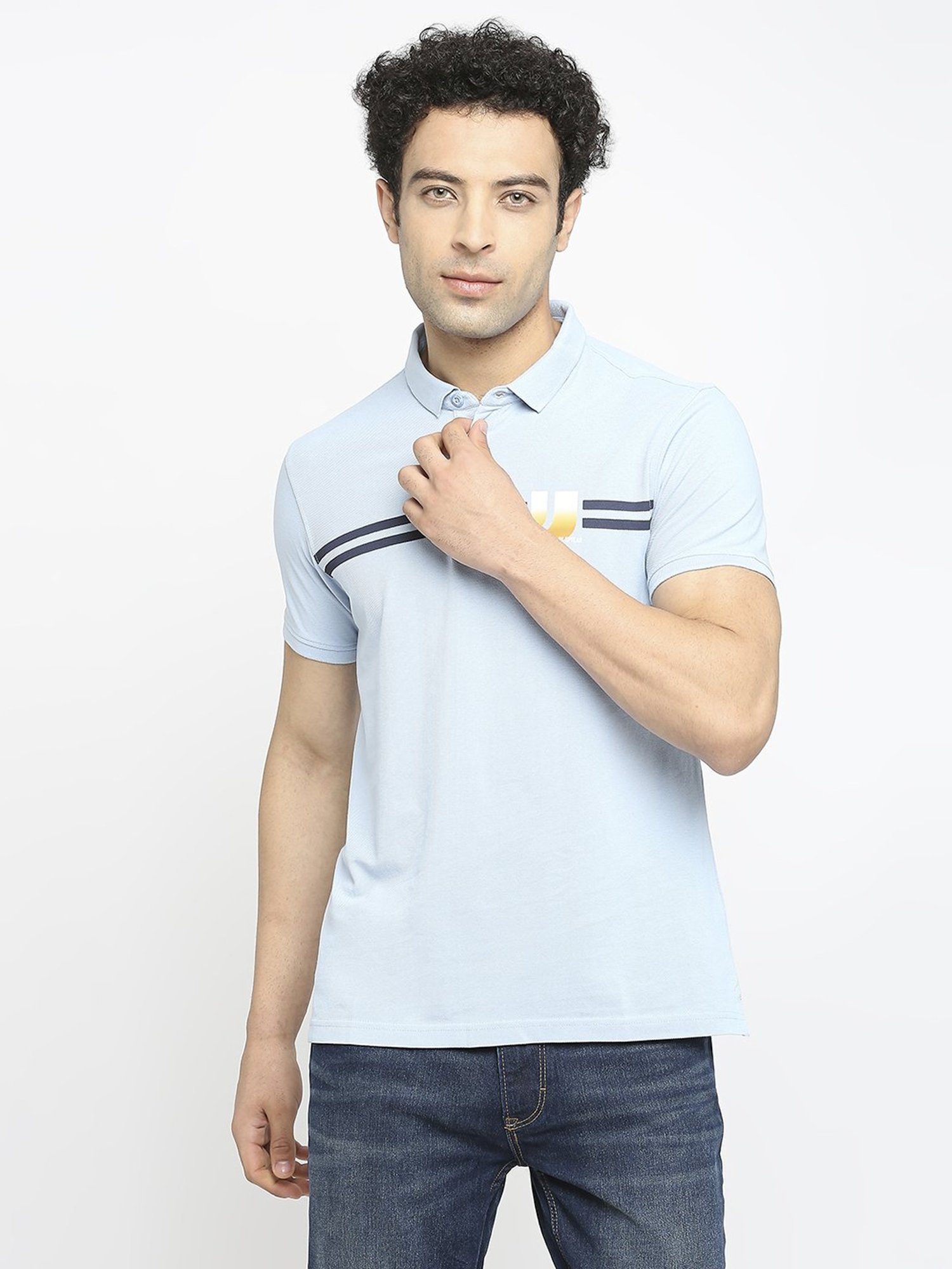 UnderJeans by Spykar Powder Blue Regular Fit Printed Polo T-Shirt