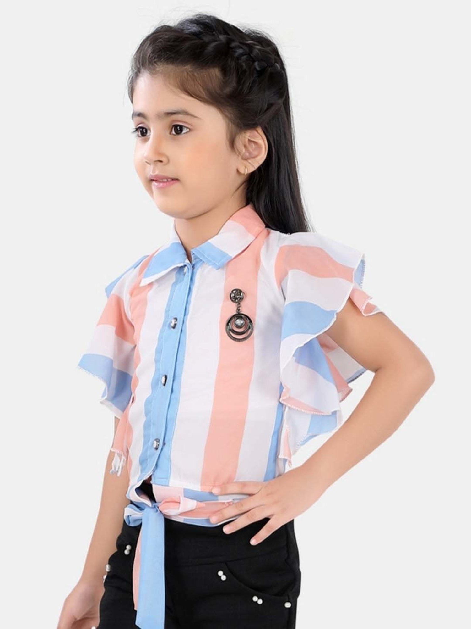 poplins Kids Peach & Blue Cotton Color Block Top