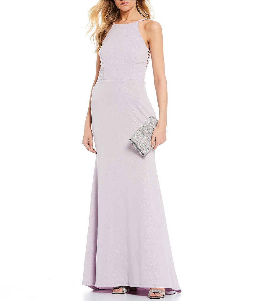 Jump High Neck Glitter Scuba Sheath Long Dress