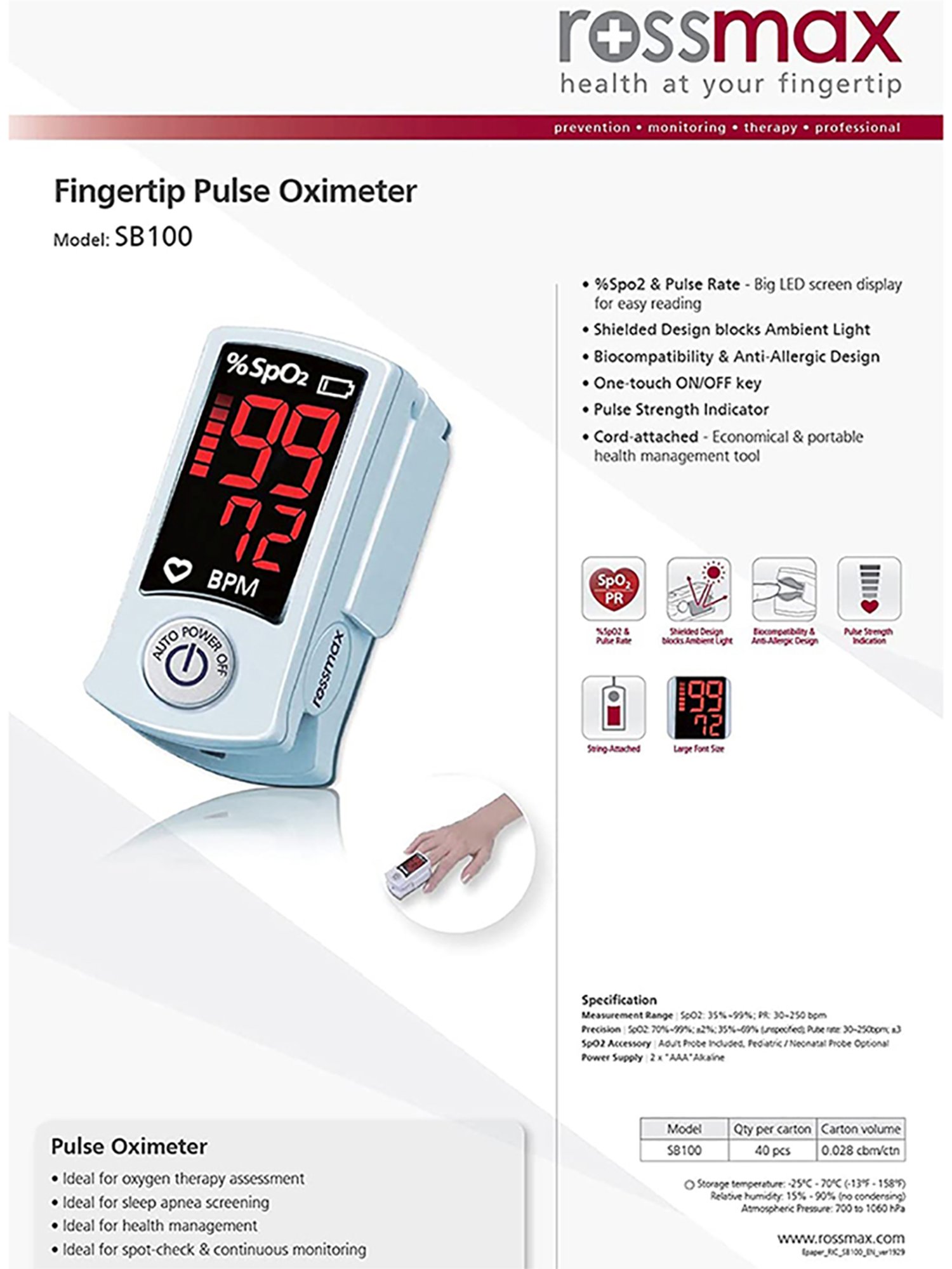 Rossmax SB100 Fingertip Pulse Oximeter (Black)