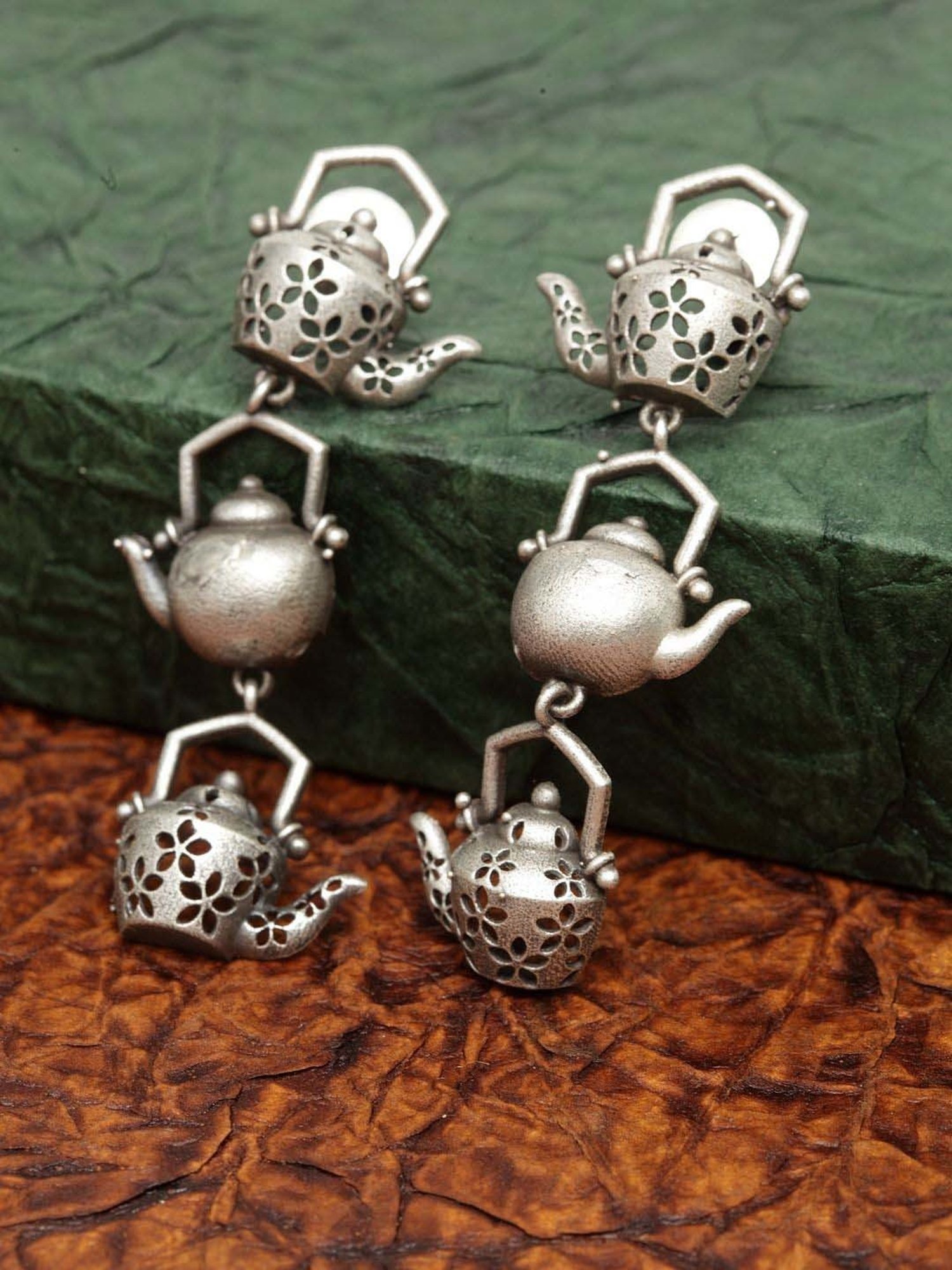 Panash Silver-lookalike Oxidized Teapot Dangler Earrings