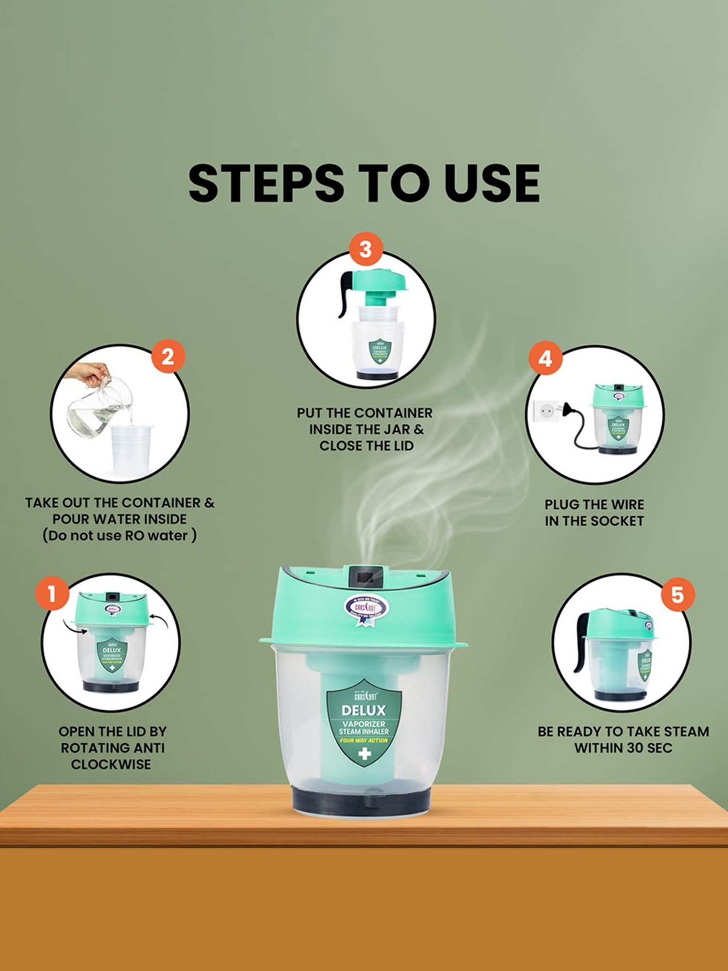 Crescent Delux Facial Steamer Vaporizer for Cold & Cough, Separate Water Container (Ice Green)