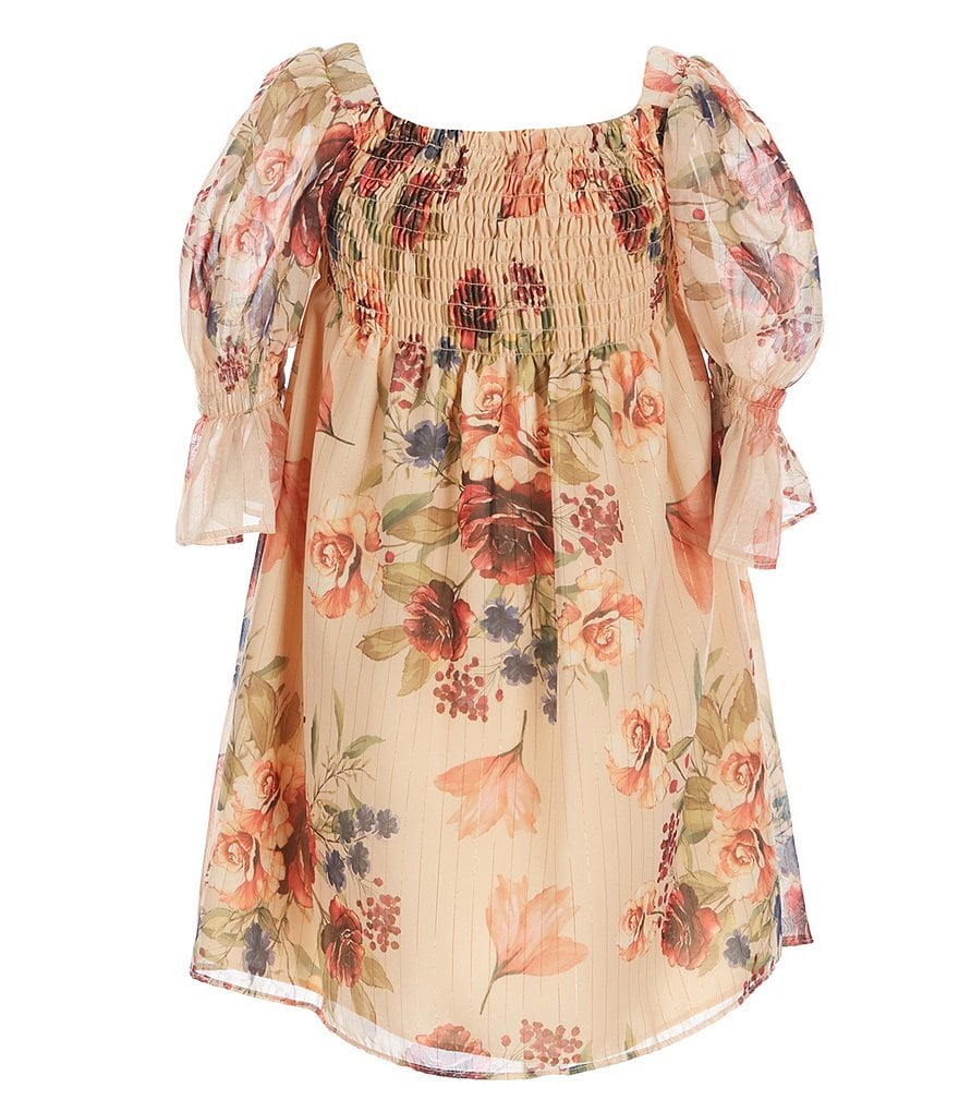 Pippa & Julie Little Girls 2T-6X Bell-Sleeve Floral Printed Smocked Boho Chiffon Dress