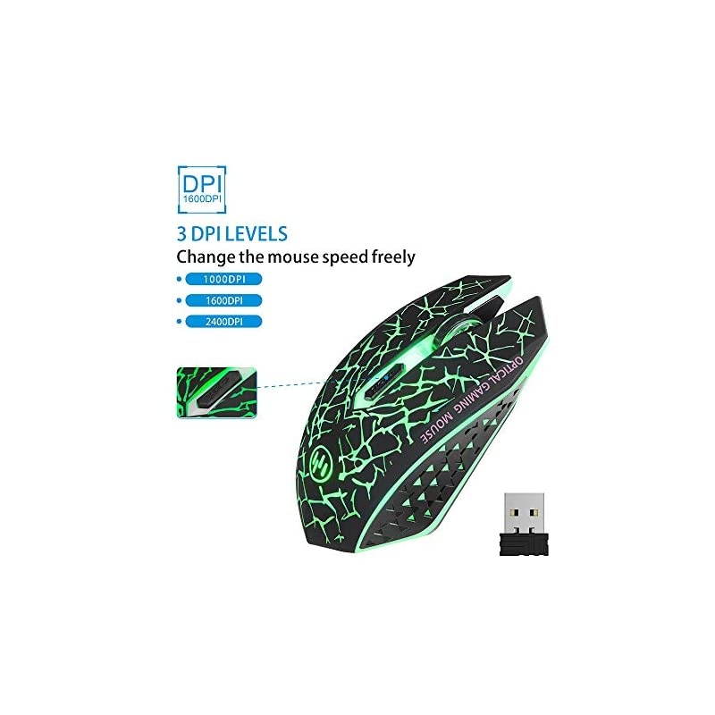 K6 Wireless Gaming Mouse Rechargeable Silent LED Optical Computer Mice with USB Receiver 3 Adjustable DPI Level and 6 Buttons Auto Sleeping Compatible LaptopPCNotebook Green Light