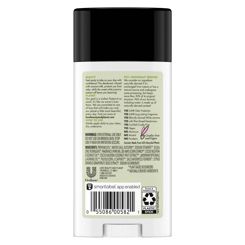 Love Beauty & Planet Aluminum Free Coconut Milk & White Jasmine Deodorant Stick - 2.95oz