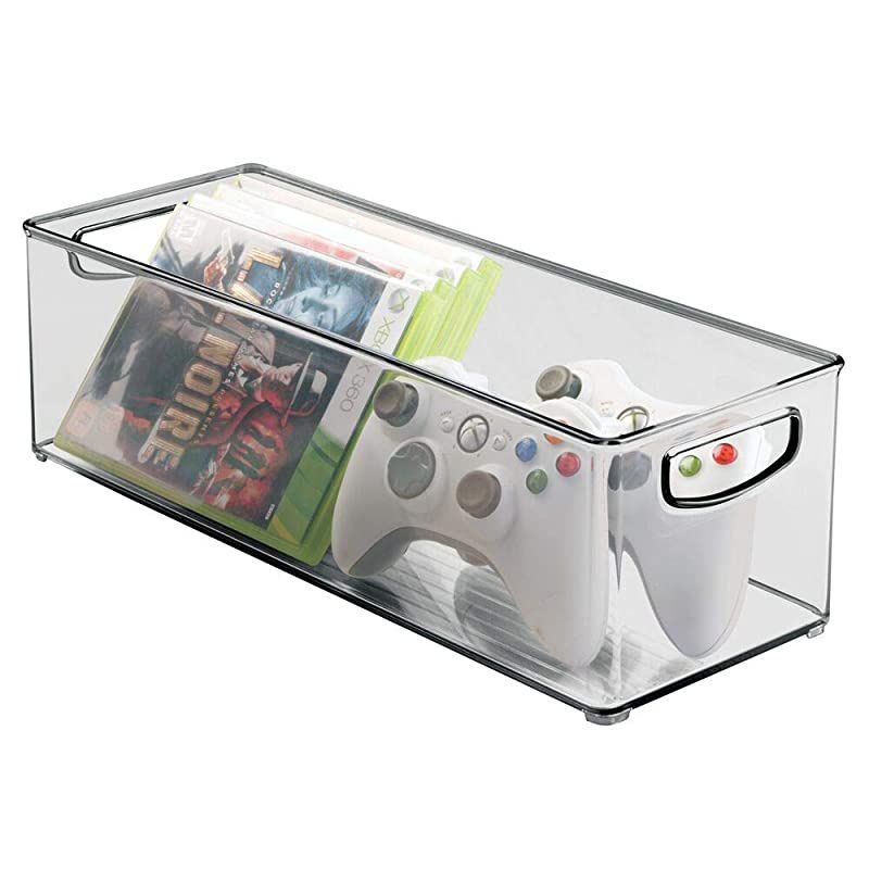 Plastic Stackable Household Storage Organizer Container Bin with Handles - for Media Consoles, Closets, Cabinets - Holds DVD's, Video Games, Gaming Accessories, Head Sets - 8 Pack - Smoke Gray