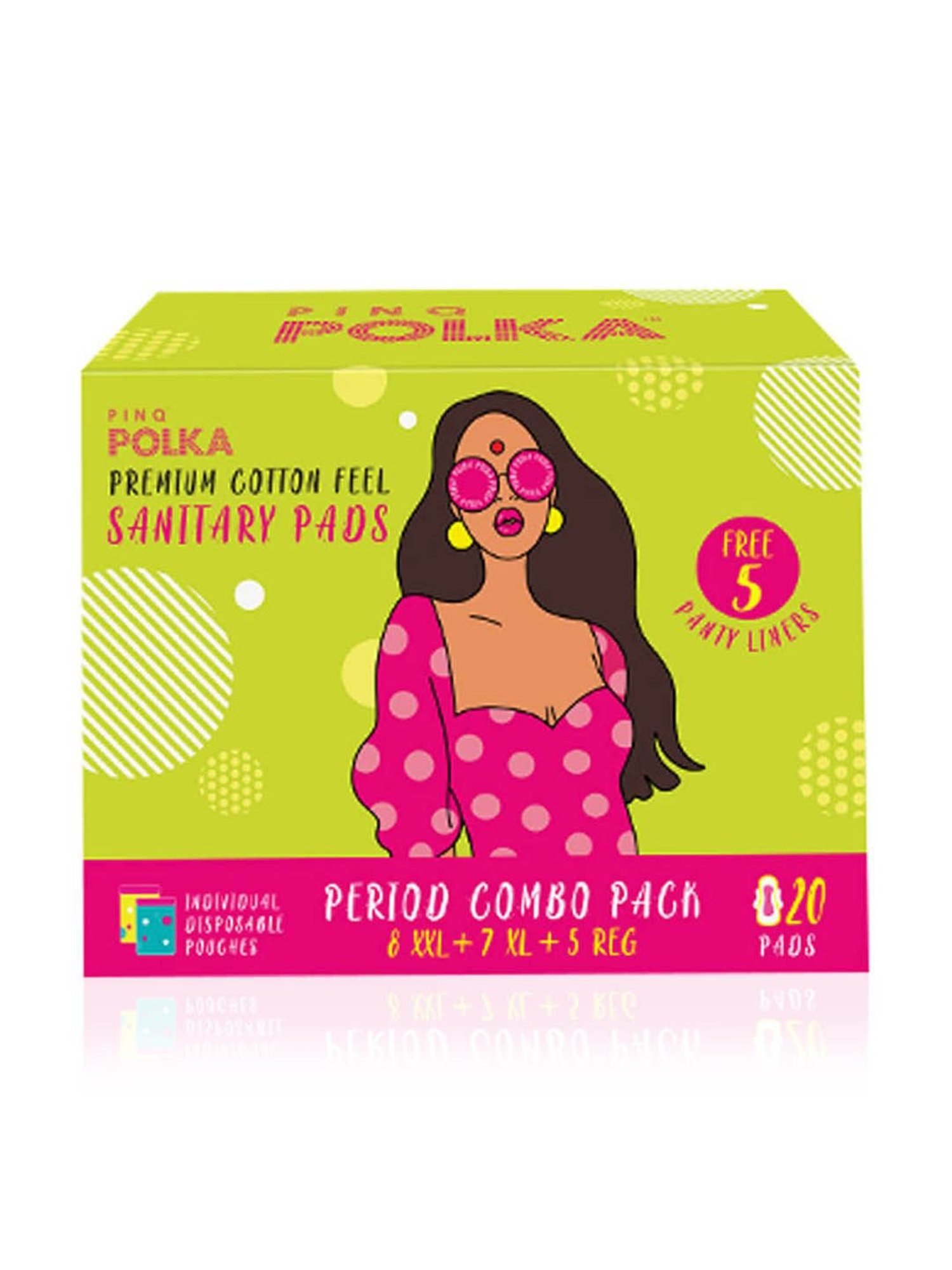 PINQ POLKA Period Combo Pack - Cotton Ultra Sanitary Pads 8 XXL, 7 XL, 5 Regular & 5 Pantyliner