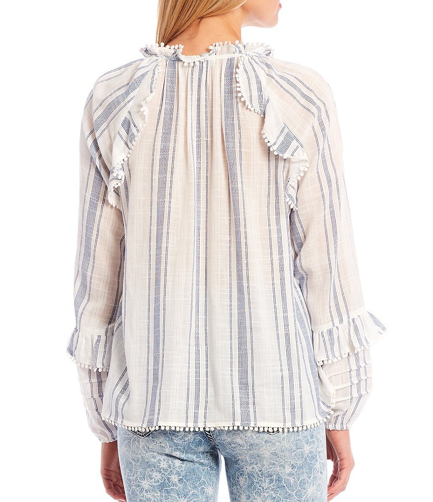 Ella Moss Rylee Stripe Print Tassel Lace-Up Neck Ruffle Bubble Sleeve Pom Pom Trim Detail Blouse