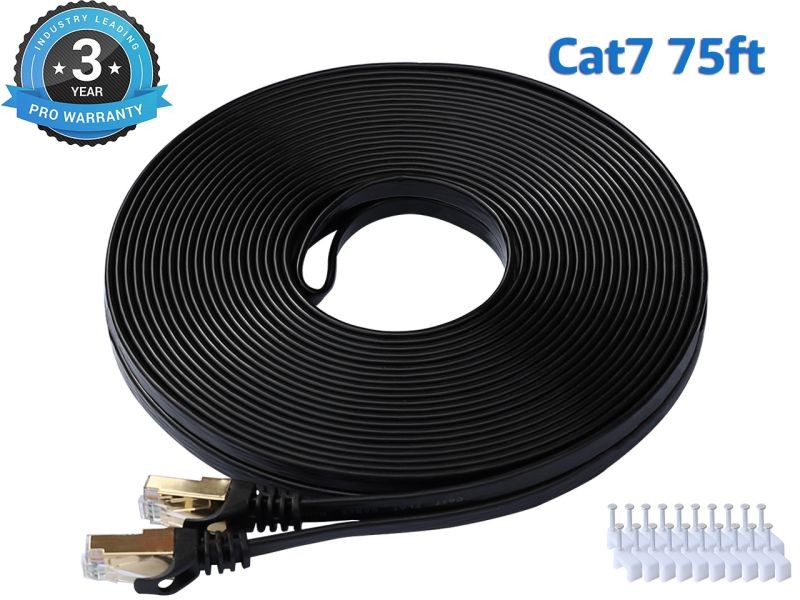 Cat 7 Ethernet Cable 100 ft LAN Cable Internet Network Cord for PS4, Xbox, Router, Modem, Gaming, Black Flat Shielded 10 Gigabit RJ45 High Speed Computer Patch Wire.