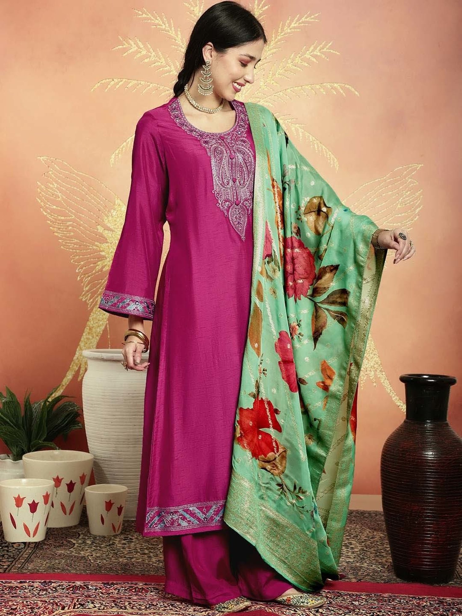 Stylee LIFESTYLE Magenta Embroidered Unstitched Dress Material