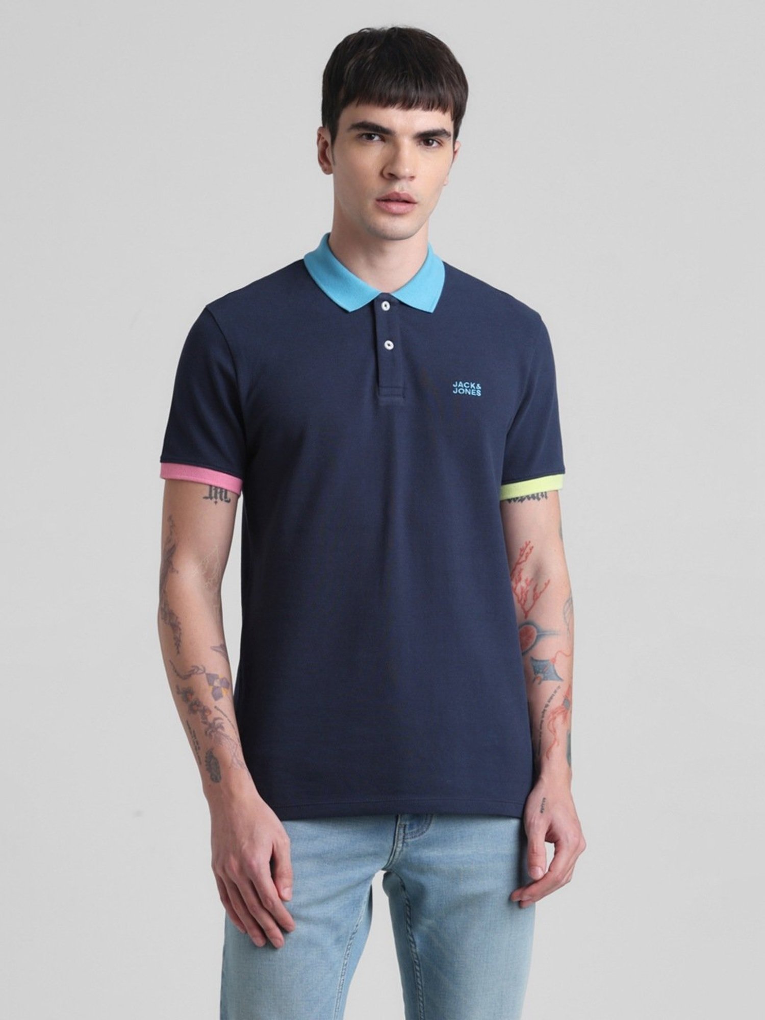Jack & Jones Blue Indigo Cotton Regular Fit Polo T-Shirt