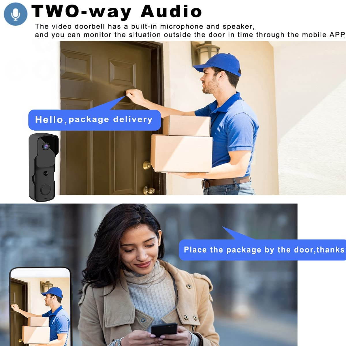 HOMEMAXS Security Video Doorbell, 1080P HD Video, WiFi Wireless Camera, 2 Way Audio with Night Vision, Motion Activated Alerts, Smart Door Intercom Security Camera Bell -Black