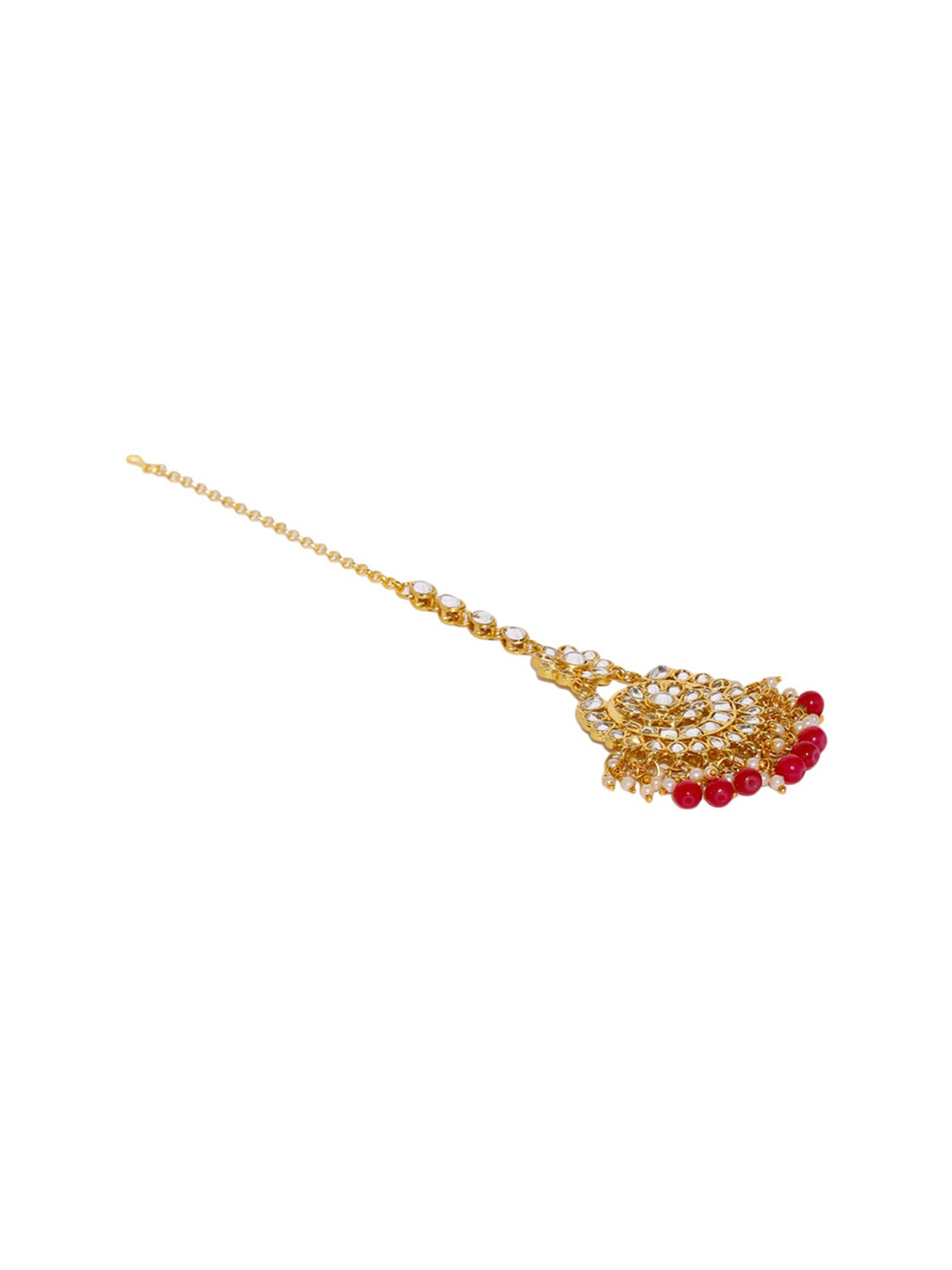 Zaveri Pearls Gold And Red Ethnic Choker Necklace Earring Maangtikka Set-ZPFK9010