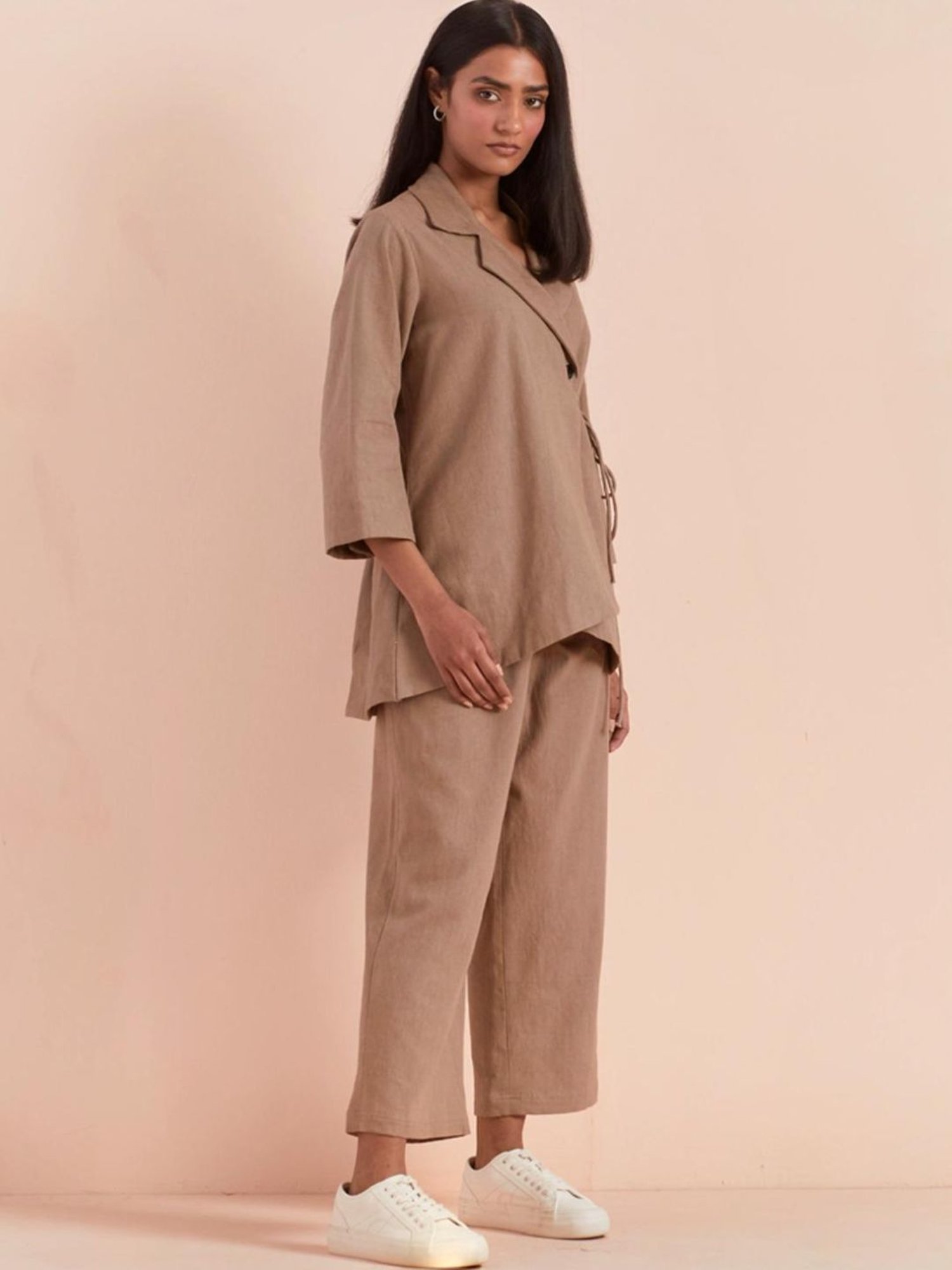 Priya Chaudhary Beige Yasha Twill Cotton Top With Pants - Set Of 2