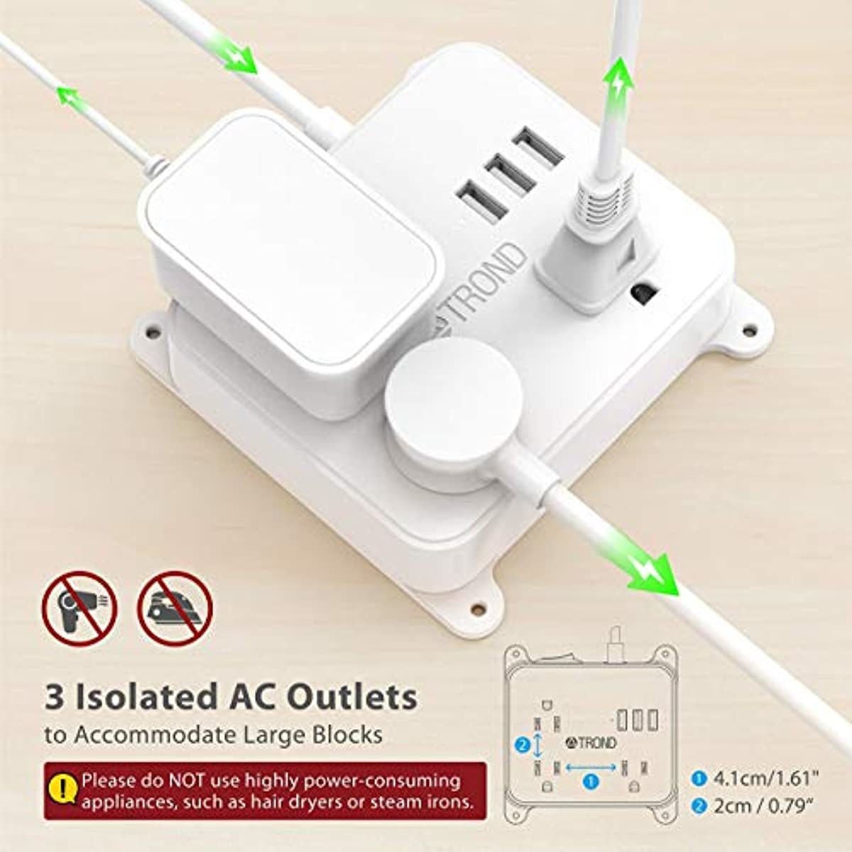 TROND Power Strip with USB, 3-Outlet Nightstand Power Strip and 7-Outlet Surge Protector, 3 USB Ports, Low Profile Flat Plug, Wall Mountable, White