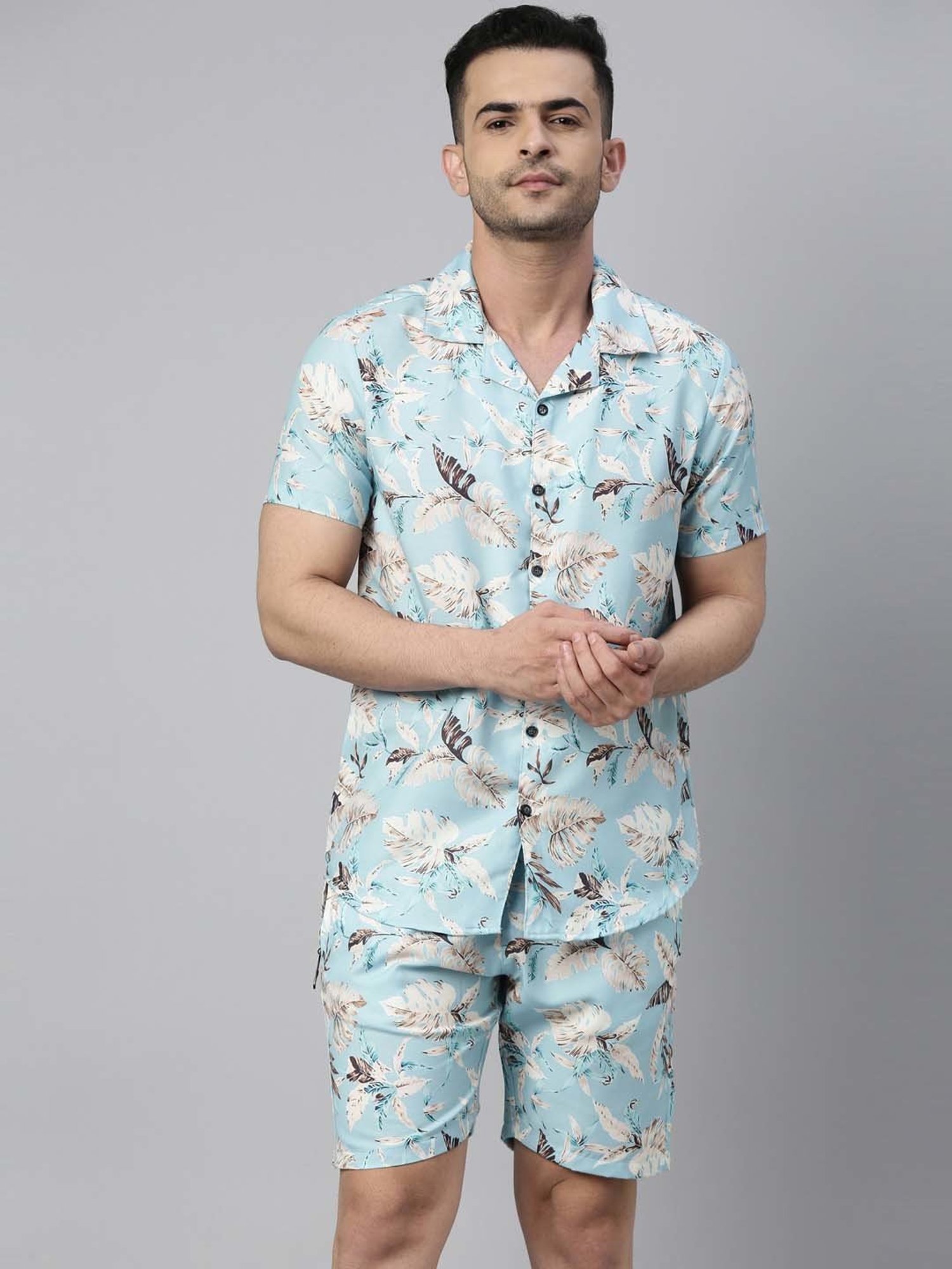 Bushirt Light Blue Regular Fit Printed Shirt & Shorts Set