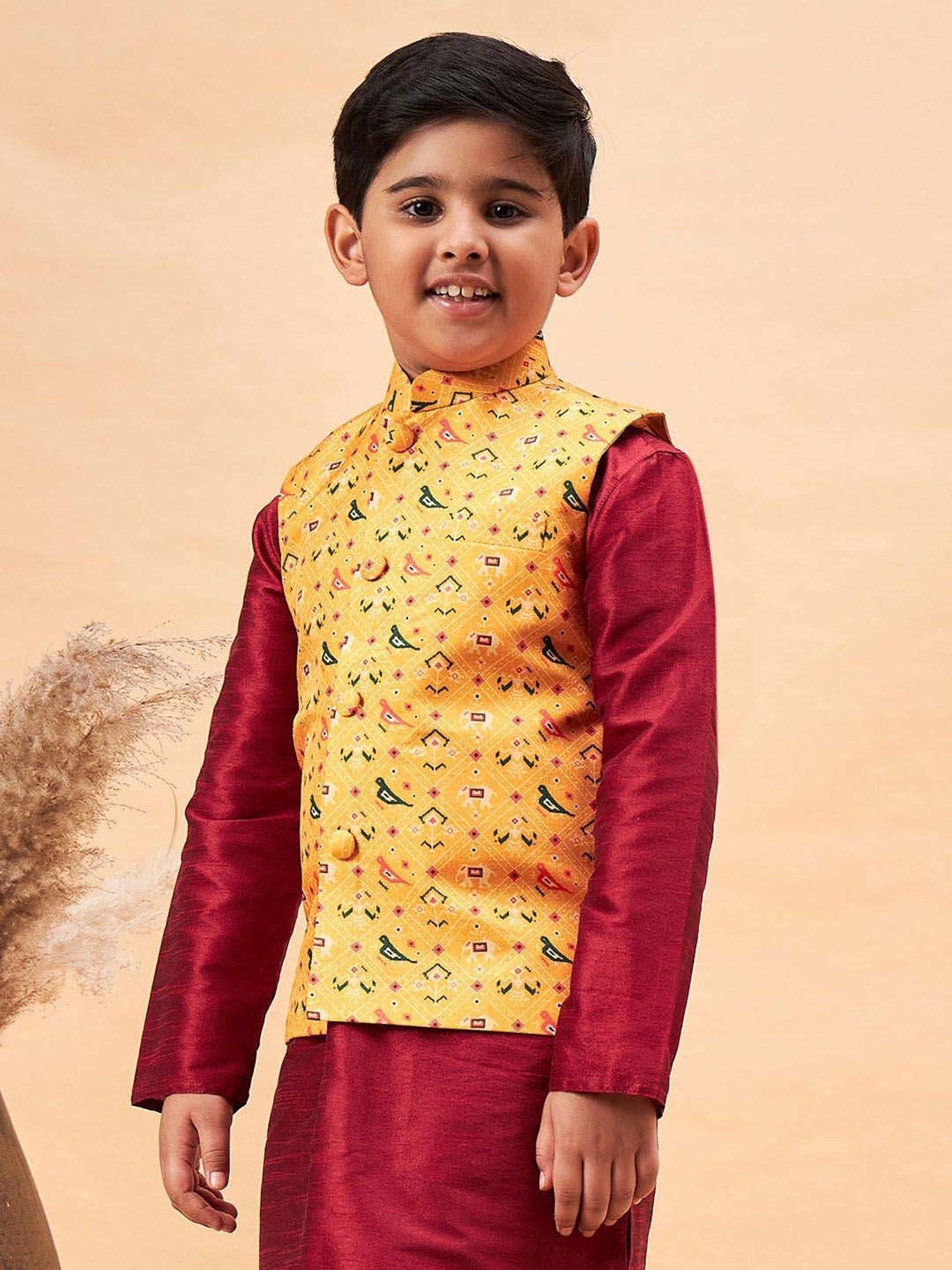 VASTRAMAY Boys Yellow Printed Indowestern